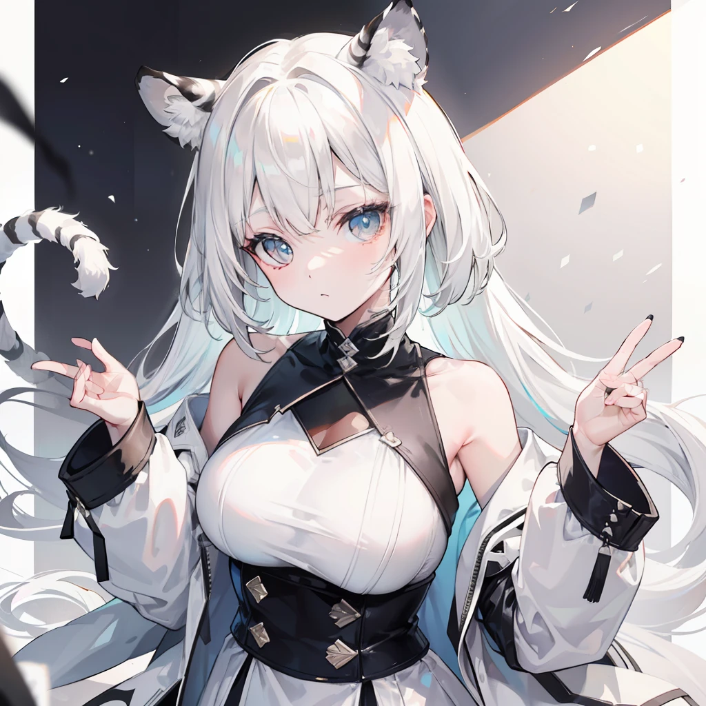 Short creamy white hair，It has white tiger ears，White tiger tail，Wears a thick cotton coat with a high neck and black and white like a white tiger，The whole person looks sprawling，Milky whoops，She is a very cute cute girl
