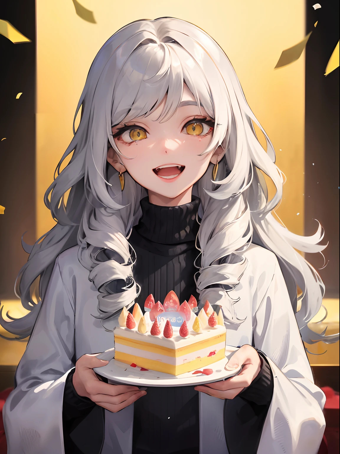 1woman, white long wavy hair, swept bangs, ((golden eyes)), cozy home background, popping confetti poppers, wearing turtleneck, overly excited face, holding cake