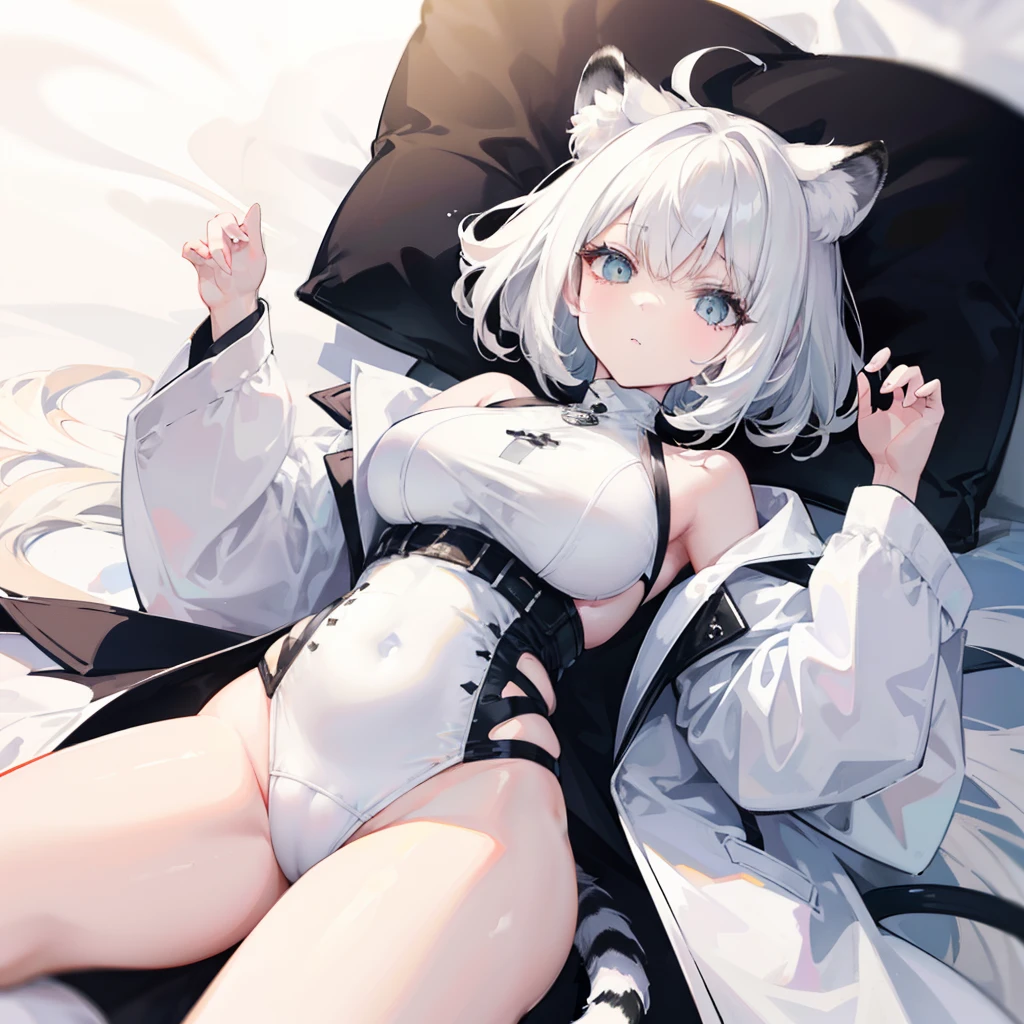 Short creamy white hair,It has white tiger ears,White tiger tail,Wears a thick cotton coat with a high neck and black and white like a white tiger,The whole person looks sprawling,Milky whoops,She is a very cute cute girl