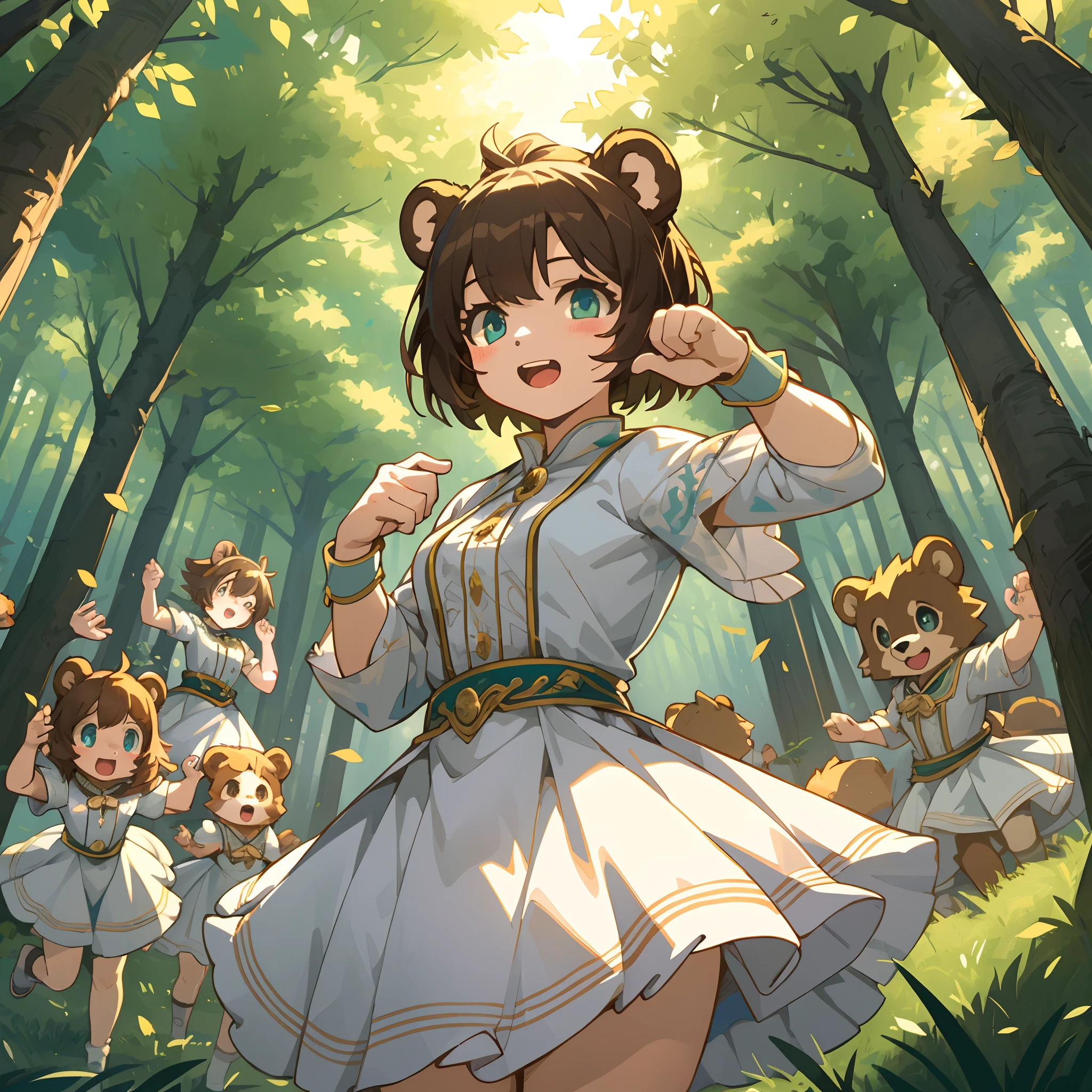 top quality, best quality, High-quality illustrations, masterpiece, super high resolution, detailed background, forest(super cute 1girl, bear, pair)singing, dancing, waltz, 6+boys, 6+girls, absurdres(highly detailed beautiful face and eyes)perfect anatomy, expression, good lighting, cinematic shadow, assorted poses, dynamic angle,