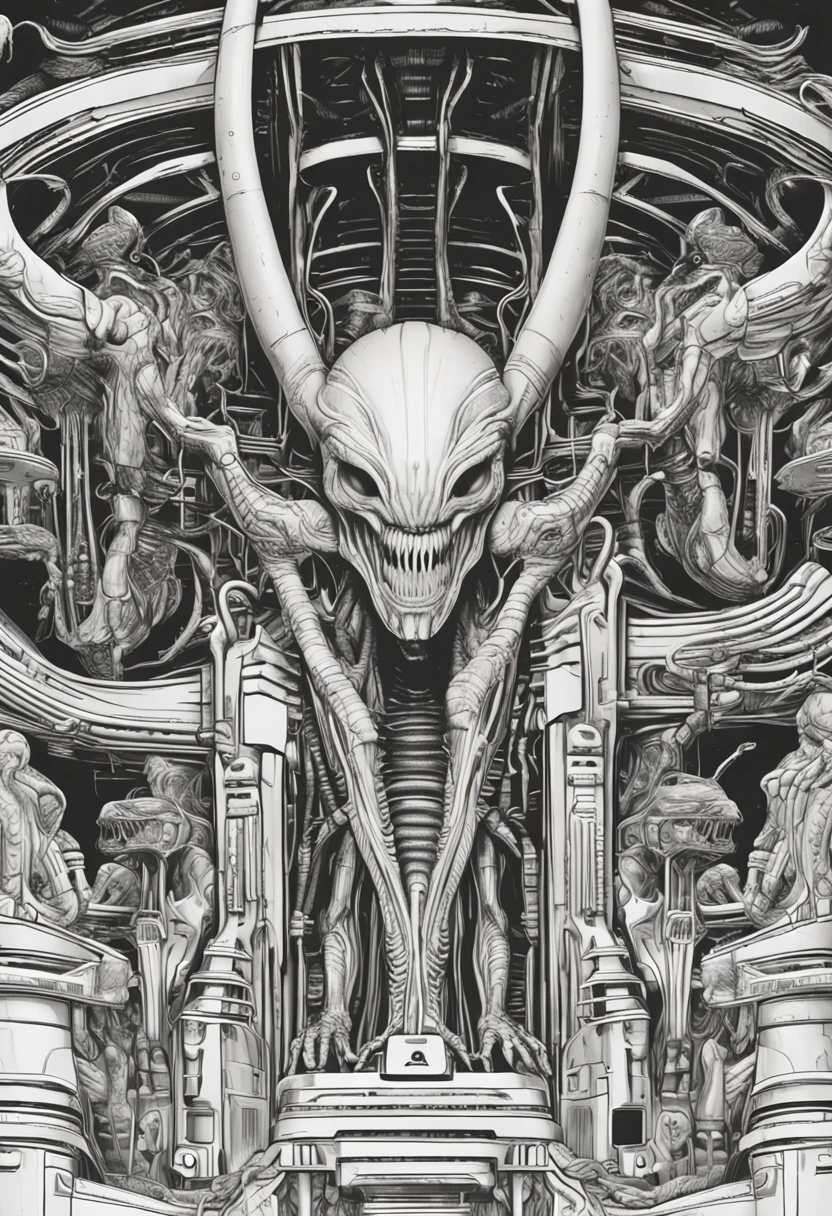 Humano perfeito estilo Alien cena HR Giger estilo ::n_desenho de estilo, Low-quality imperfection, boneco, jogo, anime, preto e branco