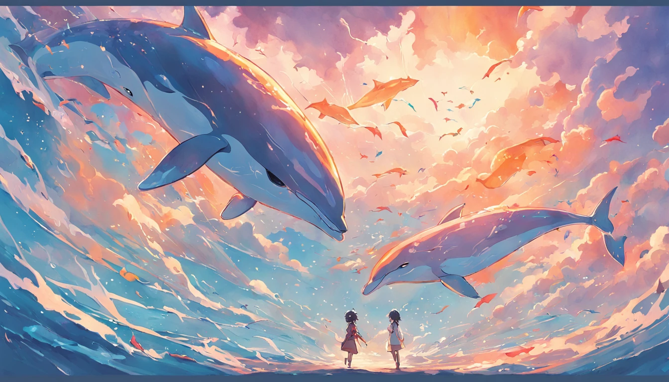 Painting of a pod of dolphins swimming in colorful ocean, sky whales, Inspired by Cyril Rolando, dreamy psychedelic anime, colorful anime movie background, A beautiful artwork illustration, author：Shitao, colorful concept art, Makoto Shinkai Cyril Rolando, In the style of Cyril Rolando, flying whale, Highly detailed watercolor 8K, highly detailed water colour 8 k，octane，Fine，Realistic，8K，Estilo de Makoto Shinkai( reasonable design, Clear lines, High sharpness,Best quality, Very detailed, Masterpiece, movie light effect, 4K )