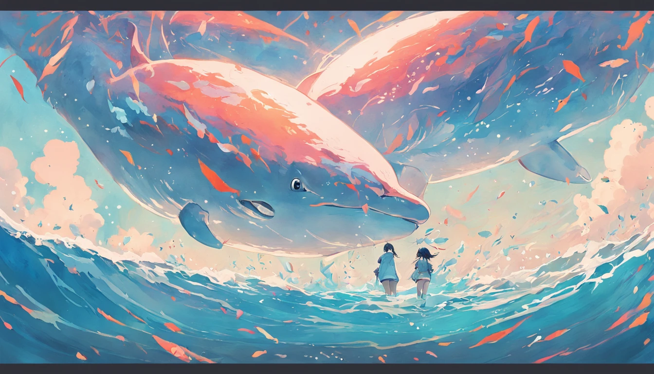 Painting of a pod of dolphins swimming in colorful ocean, sky whales, Inspired by Cyril Rolando, dreamy psychedelic anime, colorful anime movie background, A beautiful artwork illustration, author:Shitao, colorful concept art, Makoto Shinkai Cyril Rolando, In the style of Cyril Rolando, flying whale, Highly detailed watercolor 8K, highly detailed water colour 8 k,octane,Fine,Realistic,8K,Estilo de Makoto Shinkai( reasonable design, Clear lines, High sharpness,Best quality, Very detailed, Masterpiece, movie light effect, 4K )