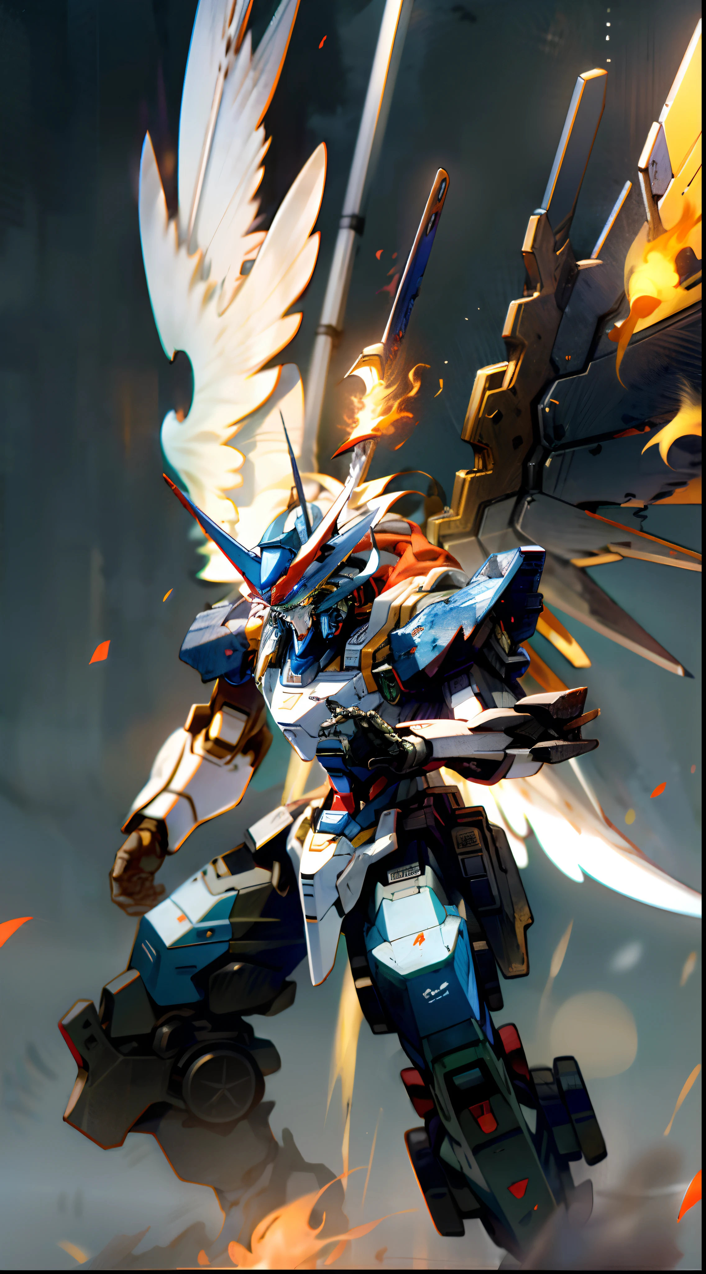 surrealism, Ray tracing, hyper HD, High details, 8K, Best quality, Textured skin,Gundam Mech,Dragon wings,tmasterpiece,best qualtiy,mechs,A ager levitates in the air,(full bodyesbian),(Black Mech:1.5),(轴对称:1.4),(hdr),(cinematric light:1.1),White eyes,Cool,scientific fiction,firey,Don Dao,Fight monsters,Background of the city destroyed with a tang knife,(Armed with a huge weapon:1.5),Mecha male,