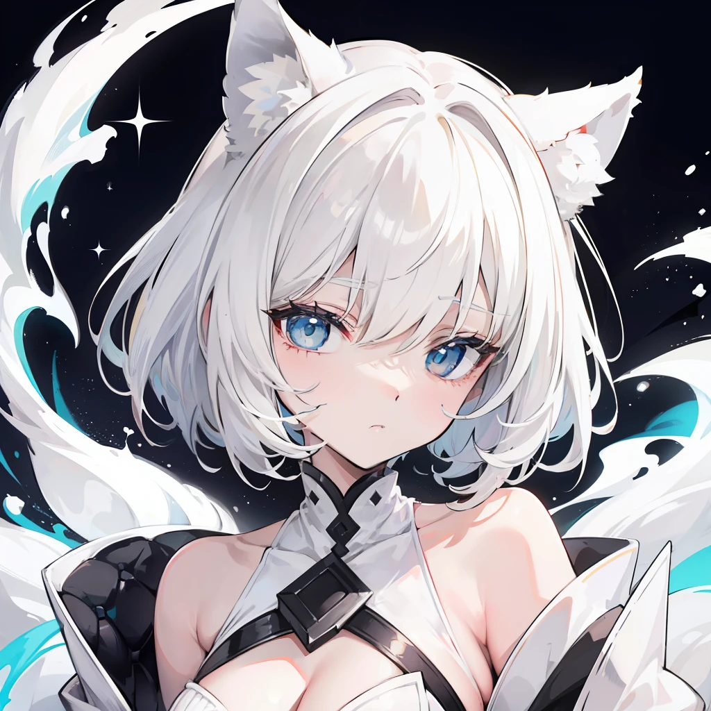 Short creamy white hair,It has white tiger ears,White tiger tail,Wears a thick cotton coat with a high neck and black and white like a white tiger,The whole person looks sprawling,Milky whoops,She is a very cute cute girl