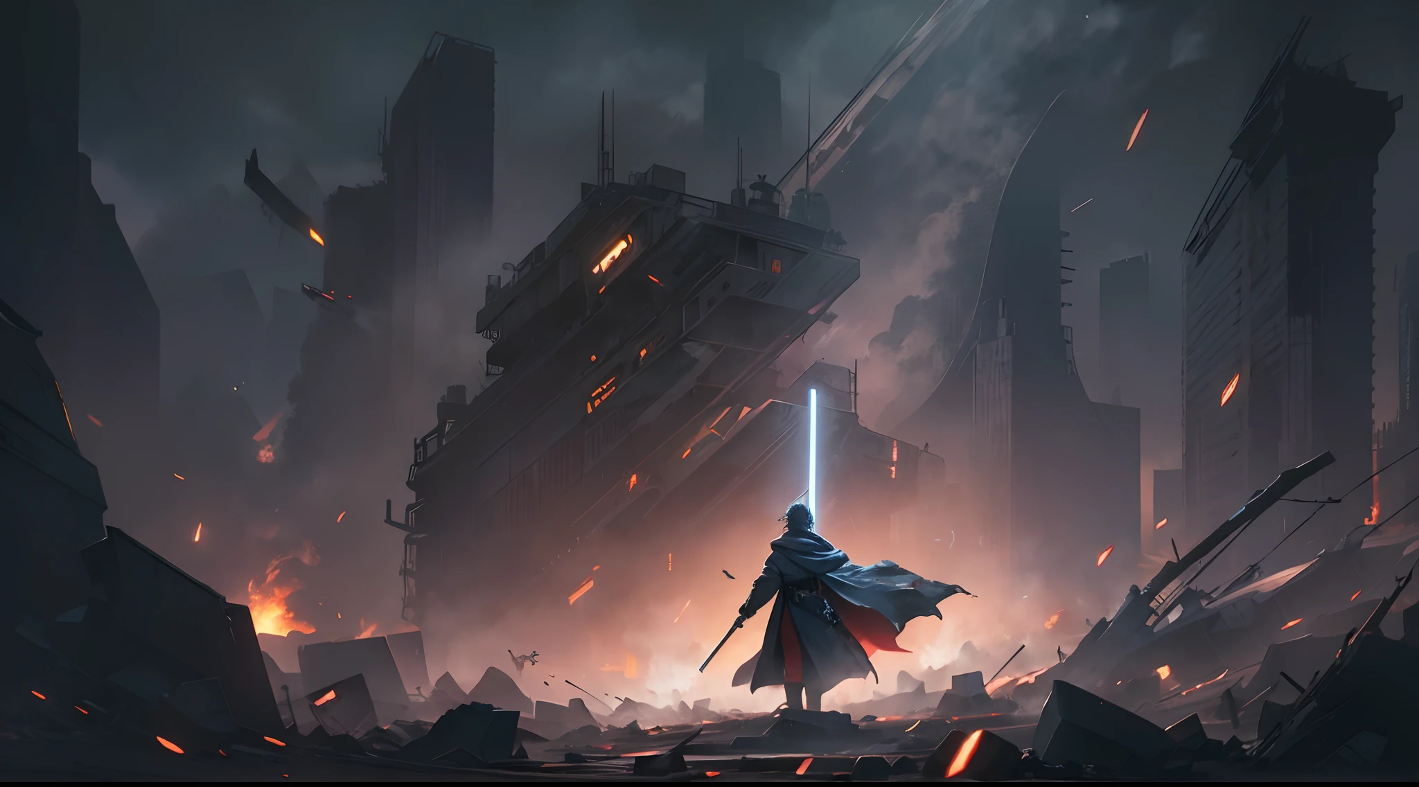 Standing Body, Jedi, (Illustration style), Battle Debris on Ground, Dark Smoke, wallpaper, intricate background, amazing background, (like a cover art movie action)