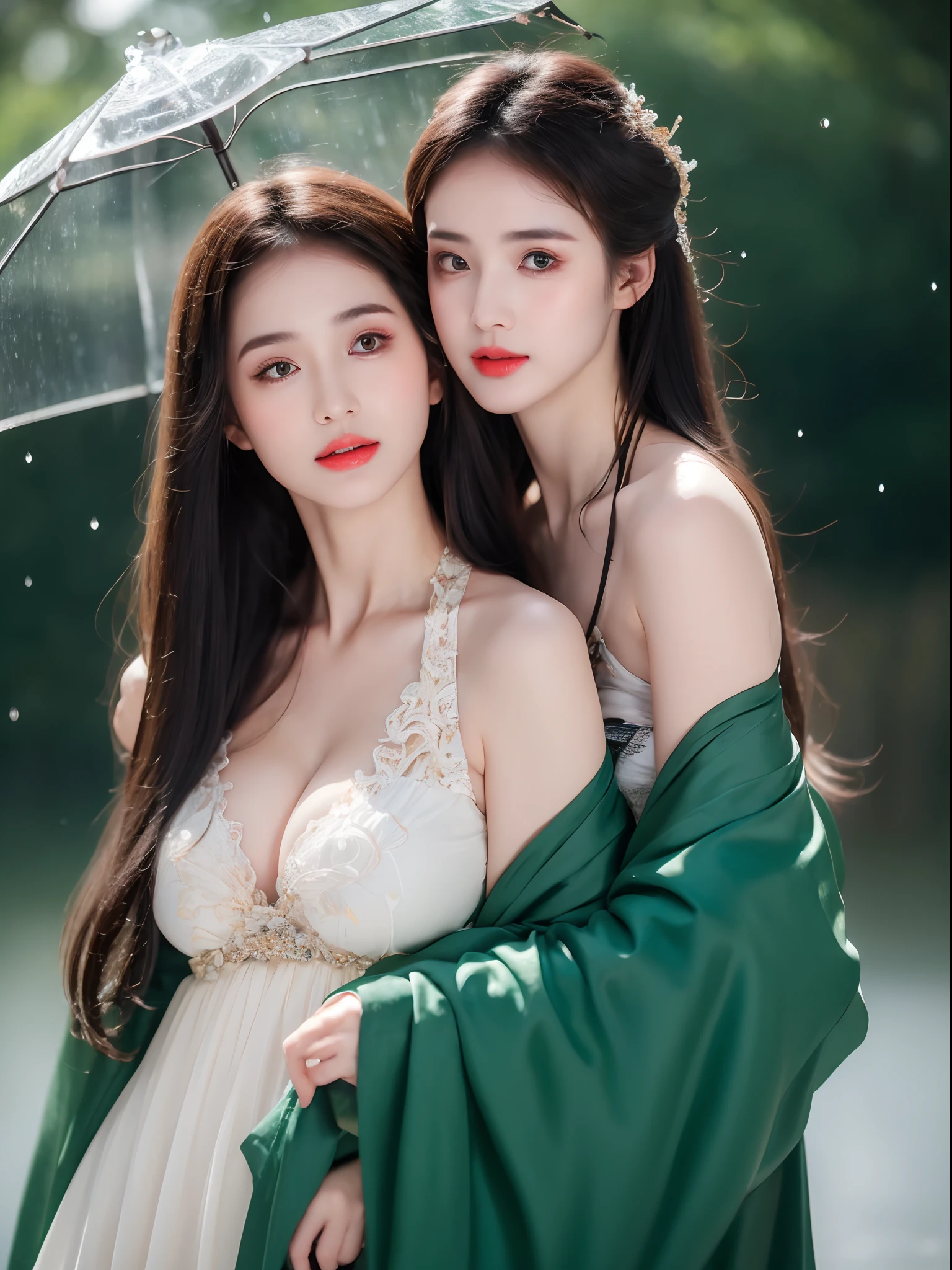 ((Best Quality, 8k, Masterpiece: 1.3)), Focus: 1.2, Perfect Body Beauty: 1.4, Buttocks: 1.2, ((Layered Haircut)), (Wet Clothes: 1.1), (Rain, Street:1.3), (Breasts: 1.2), (Hanfu: 1.2), Bare Shoulders, Bare Legs, Highly Detailed Face and Skin Texture, Fine Eyes, Double Eyelids, Whitened Skin, Long Hair, (Shut Up: 1.5), (Bokeh Background: 1.5), Big Breasts