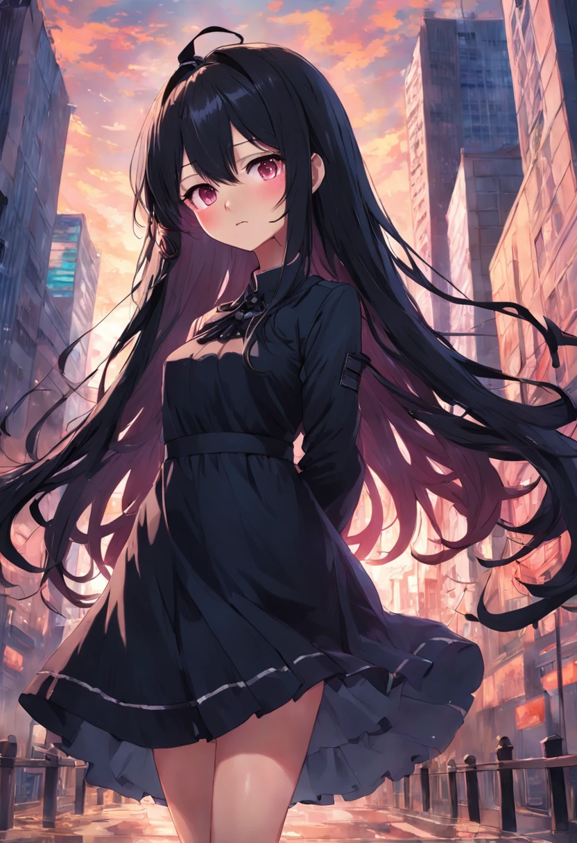 {1girl}, {hair_over_one_eye}, {black_hair}, {solo}, {outdoors}, {building}, {black_dress}, {long_sleeves}, {dress}, {long_hair}, {tokisaki_kurumi}, blush, depth_of_field, blurry_background, looking_at_viewer, hair_bow, city