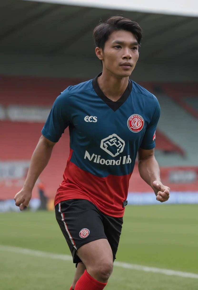 Indonesian footballer. Black medium length hair and no facial hair. Wearing a blue football shirt with red trim on the collar and end of sleeves. The kit manufacturer logo on is adhoc apparel. The club badge is light blue with some white stripes, with a black hexagon in the middle. The main sponsor is Bank DKI, with MS Glow For MEN beneath this main sponsor.