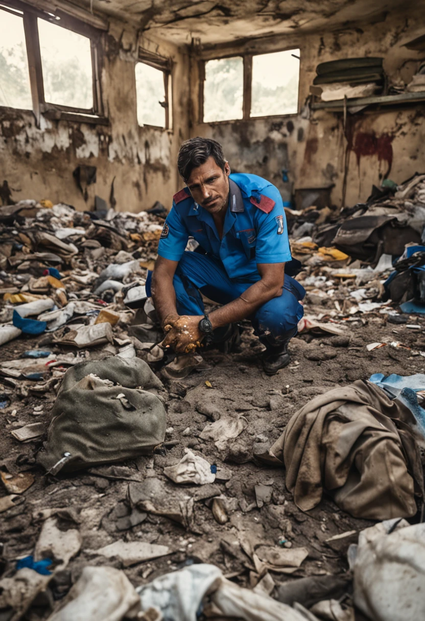 Homem de costas em um uniforme azul trabalhando em um carro esportivo parcialmente desmontado em uma oficina ampla, dirty and messy.