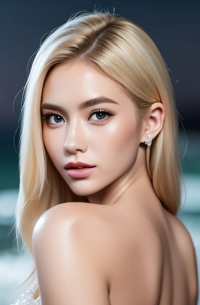 25-year-old European woman、blonde  hair、Serious、(Incredible skin details:1.4)、(Natural skin:1.2)、(pores:0.6)、make - up、(A detailed eye:1.2)、Sea background、studio、Rim Lights、dark ambiance、(bokeh dof:1.2)、a picture、movie、Photorealsitic、A hyper-realistic、posterior view、full bodyesbian