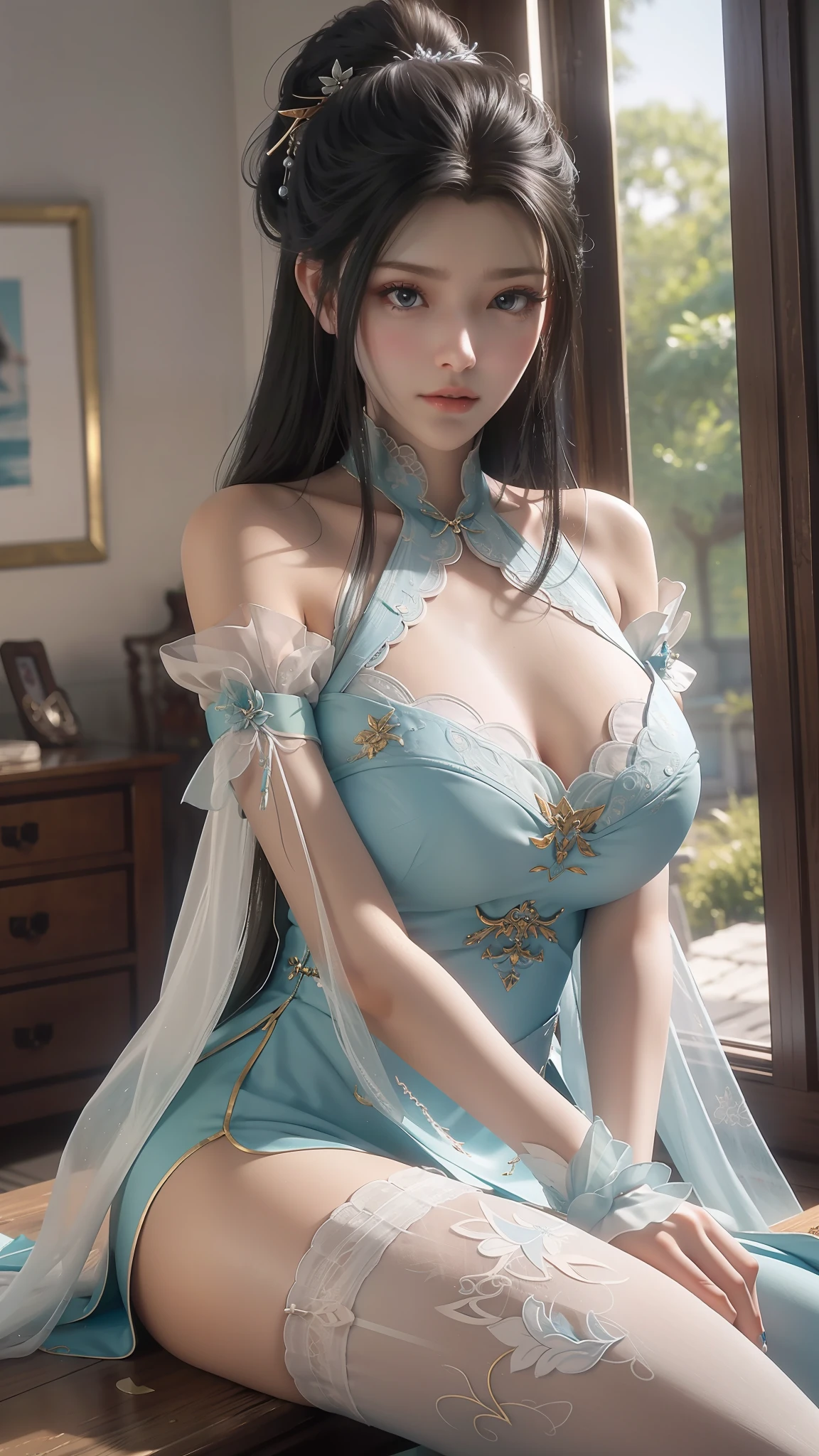 Arad woman in blue dress sitting on windowsill, cute anime waifu in a nice dress, trending on cgstation, 8K high quality detailed art, anime barbie in white stockings, highly detailed exquisite fanart, Extremely detailed Artgerm, the anime girl is crouching, flowing magical robe, beautiful and seductive anime woman, WLOP and Sakimichan,Clearly visible cleavage,huge tit,brassier