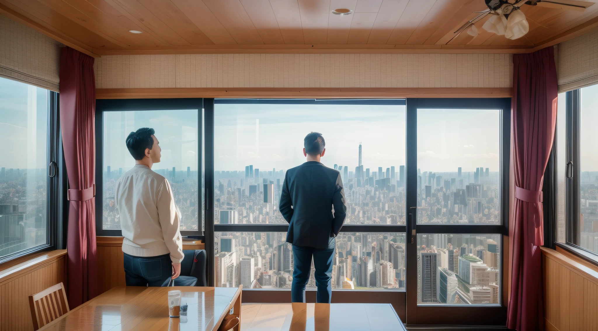 A man stands in front of a large floor-to-ceiling window,Back view,Architecture overlooking Tokyo,Everything is covered by movies,rich details,panoramic perspective,Film texture,epic feels,Film texture: kodak film,Wear and scratches,The light from the back window is backlighted,over the shoulder shot,Character Spotlight,Depth of field 1.5,16k,