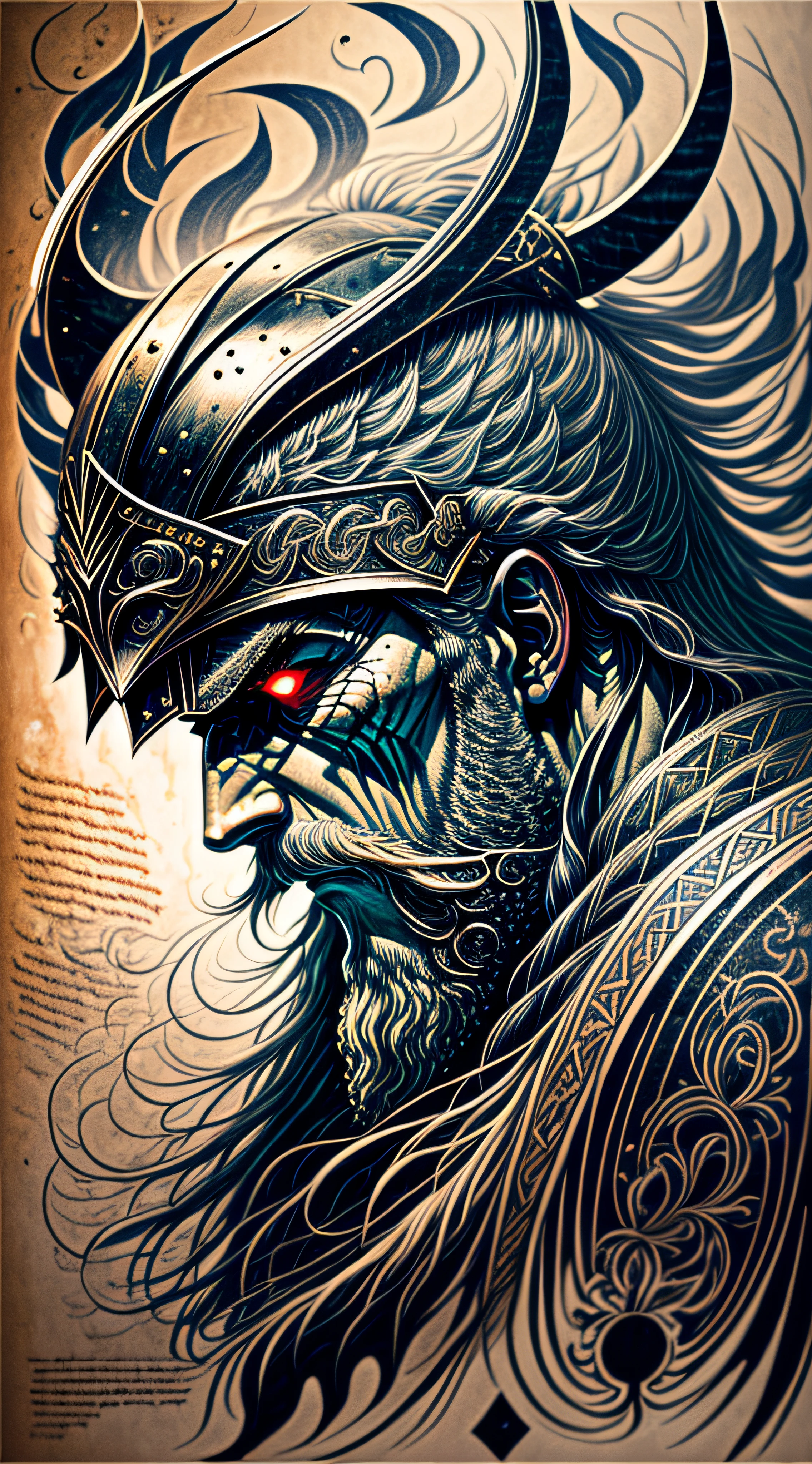 An intense close-up of a Viking warrior with piercing, glowing eyes, surrounded by an inky darkness. His horned helmet gives him an imposing silhouette, while his wild, flowing beard adds a touch of ruggedness. The warrior's face bears an expression of deep anger, a testament to his ferocity in battle. The backdrop is filled with swirling tendrils of inky blackness, reminiscent of ancient mythological forces. The atmosphere is tense, hinting at the mythical powers that surround the warrior. The image combines high detail and an artistic touch, creating a captivating visual experience. Artwork, ink on parchment