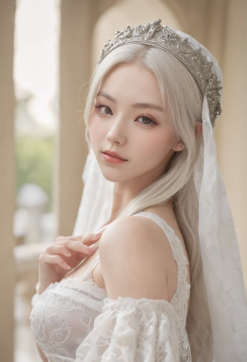 bride dressed in white、Whole body、8K、realphoto、超A high resolution, Master Parts, Best Quality, nffsw , cinematic images,Lovely girl、ann、16years old、Anglo-Saxon、Green eyes、二重まぶた、very droopy eyes、(very, Very big eyes:1.8)、Dark eye shadow、The lips are very thin、The tip of the nose stretches beautifully...、the tip of the nose is small,,,,, ighly detailed , Gold Hair、Straight hair、Very smile、 Sweet look 、a very beautiful woman、legs are long、 Very clear shadows , jewely , A detailed eye, very intricate, shiny skins , Perfect Brilliant, Perfect Lighting, Dramatic shadows ,White tiara on head、Greek see-through white dress、The back of the dress is wide open、Small angel wings on the back of the shoulders、The chest and waist of the dress are white lace、Underneath the dress is a white miniskirt、Lace white gloves、holding a bouquet of white flowers with both hands、White see-through veil from the back of the head、Silver necklace around the neck、