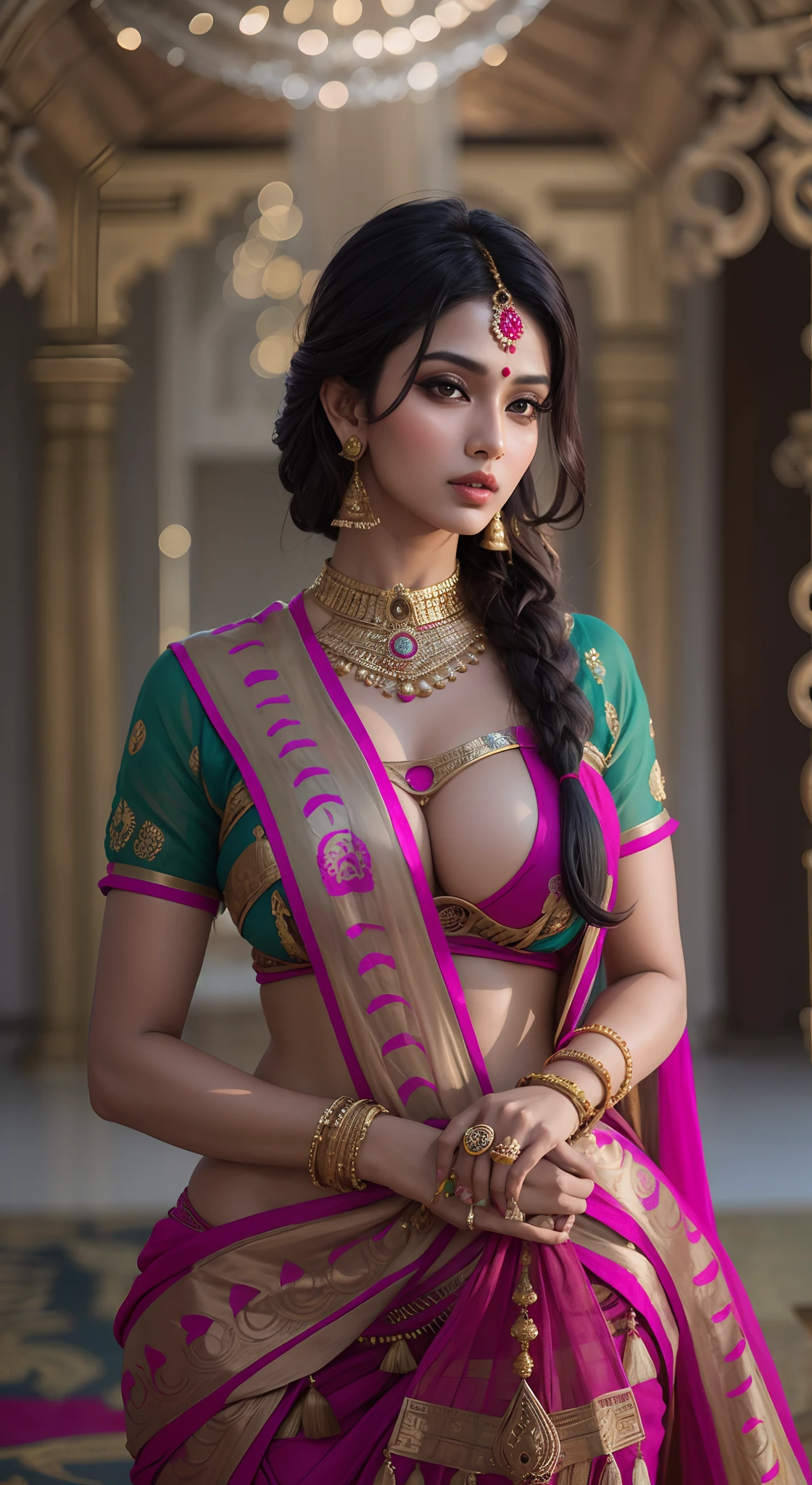 a woman in a sari posing for a picture, indian goddess, traditional beauty, indian, beautiful goddess, ornate cosplay, indian style, indian super model, beautiful maiden, gorgeous woman, south east asian with long, provocative indian, gorgeous beautiful woman, intricate outfit, hindu aesthetic, beautiful asian girl, extremely detailed goddess shot, jaw-dropping beauty, big boobs deep cleavage sexy navel