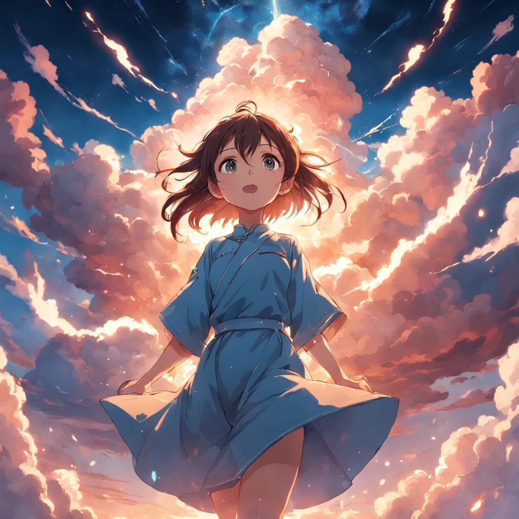masterpiece, best quality, movie still, 1girl, cloud girl, floating in the sky, close-up, bright, happy, warm soft lighting, sunset, (sparks:0.7)