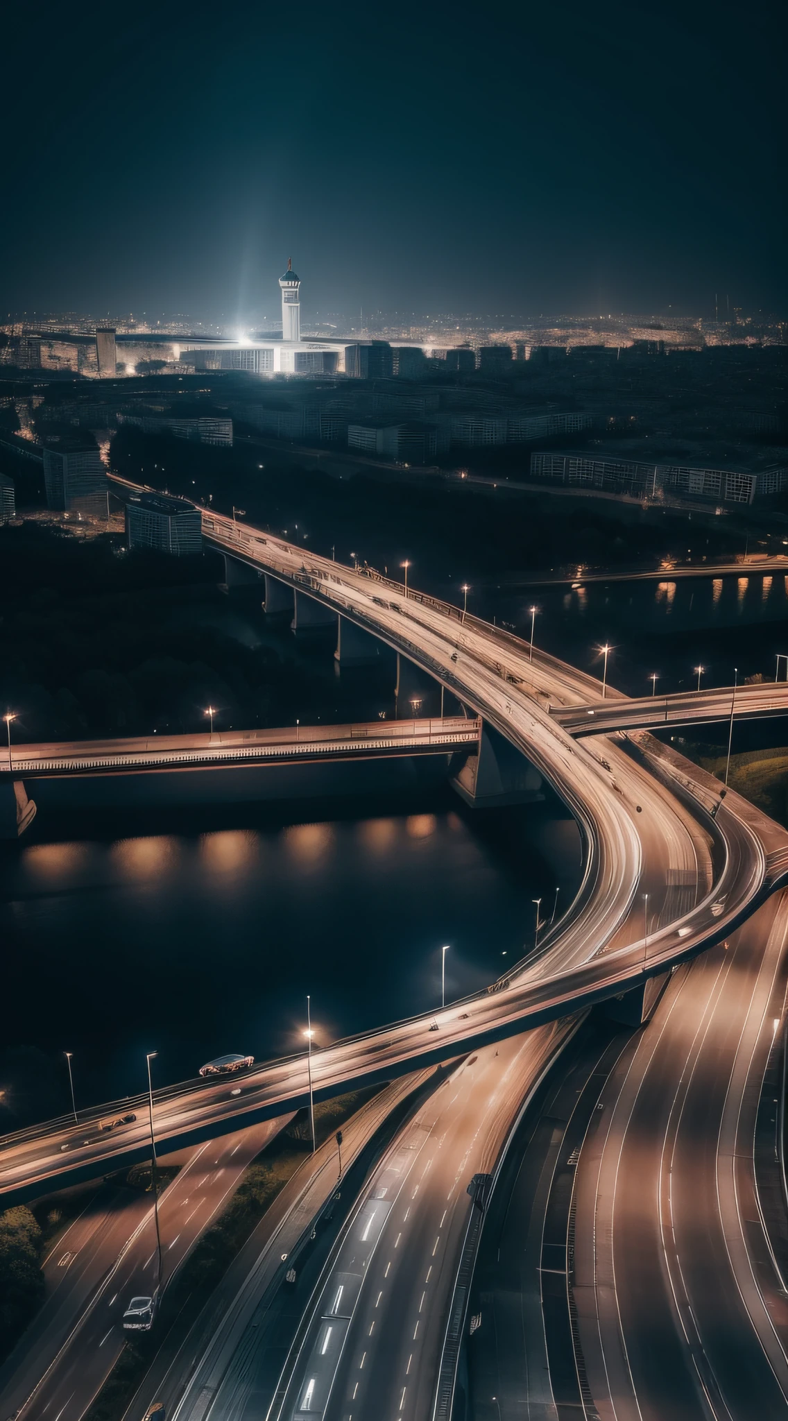 Create a dark sky over Moscow showing below the beginning of a bridge with cars passing with luxury cars only and as if on a night on moonlight with high quality in the clouds with luminosity of the sun, focado mais no ceu cheio de nuvens como se fosse chover mais tarde e visao de cima para baixo