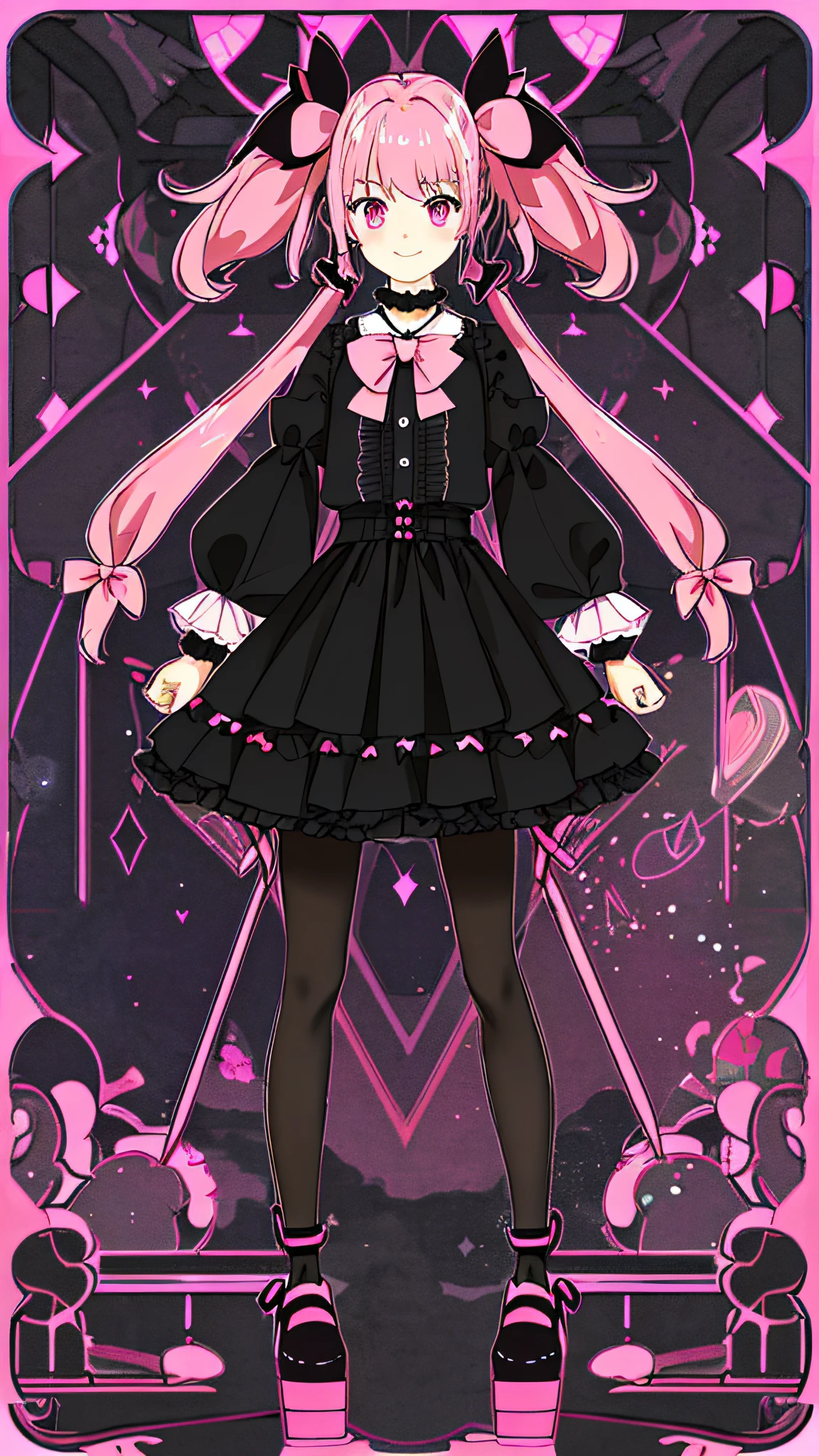 masterpiece, best quality, 1girl, solo, long_hair, from top, light smile, panorama, perspective, looking_at_viewer, bangs, skirt, shirt, pink hair, colored inner hair, long_sleeves, bow, ribbon, twintails, hair_bow, heart, pantyhose, frills, shoes, choker, blunt_bangs, black_skirt, pink_eyes, frilled_skirt, pink_bow, platform_footwear, pink_theme, jirai_kei, full body, night, street, skyscraper, neon trim, panorama, perspective, starry sky, pink background, dark, shadow,