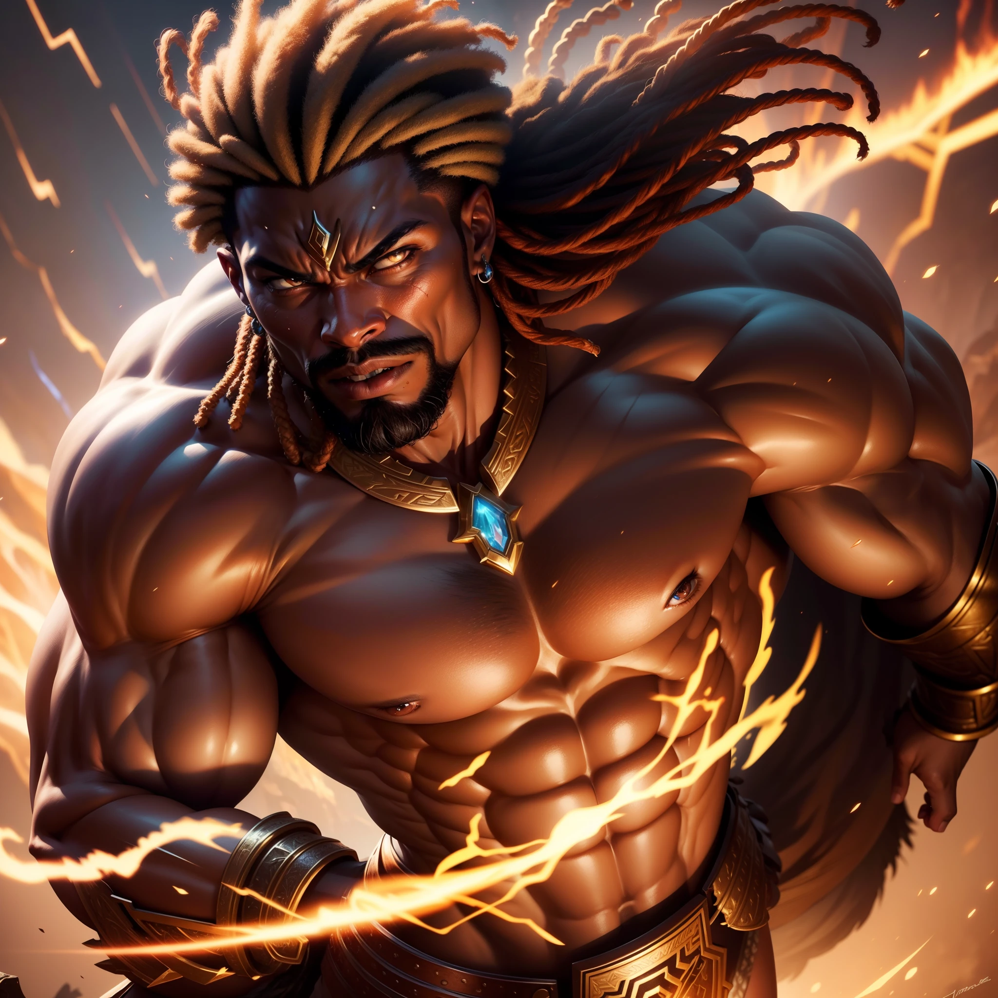 African warrior man muscular, in battle fierce, brave and loud energy, with iridescent light, highly detailed images, vibrant beautiful colours, photorealistic image, 8k, ultra HD, unreal engine rendered, cinematic lighting, artgerm style,