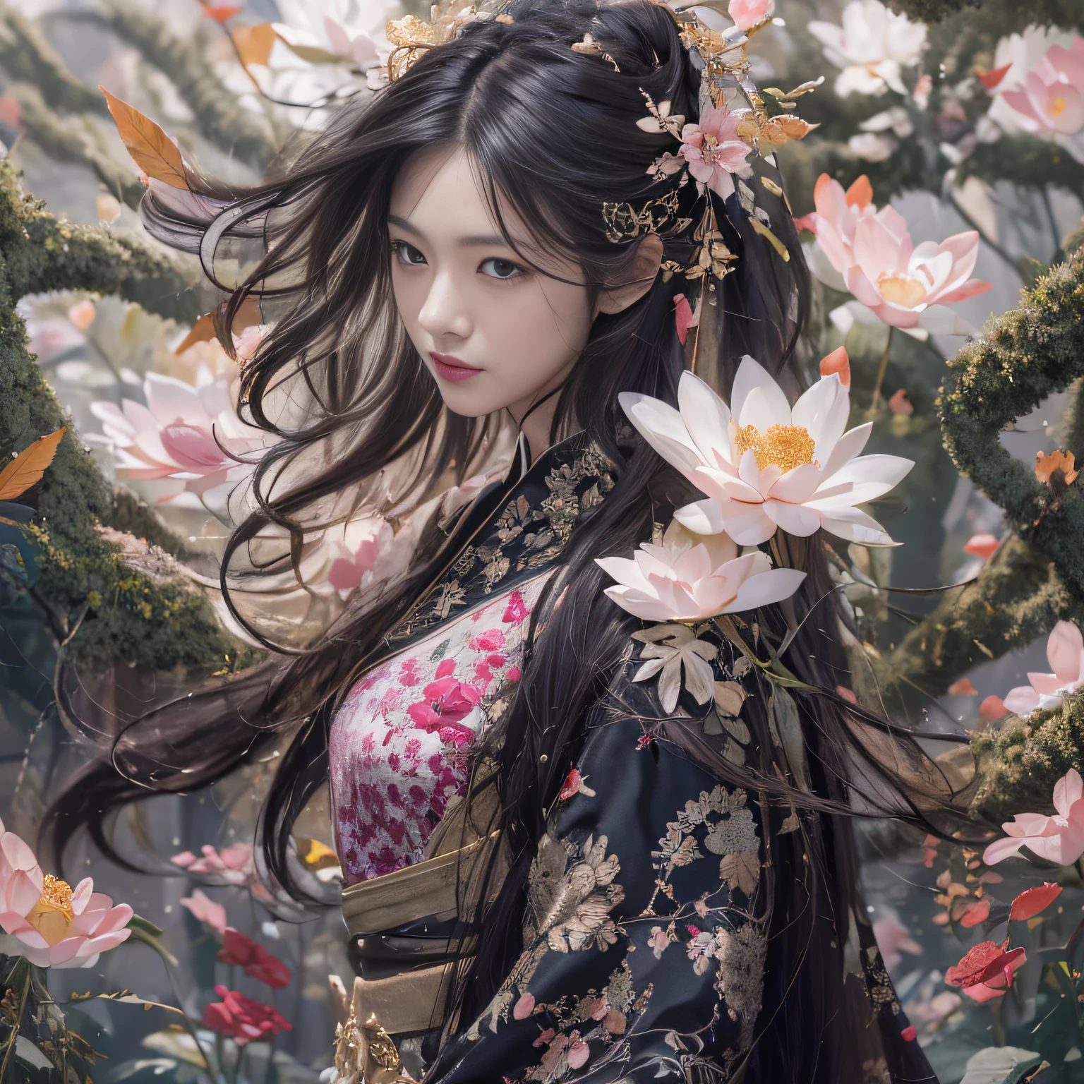 32K(tmasterpiece,k hd,hyper HD,32K)Long flowing black hair,ponds,zydink, a color, Xuzhou people (seductiv), (Silk scarf), Combat posture, looking at the ground, long whitr hair, Floating hair, Carp pattern headdress, Chinese long-sleeved cheongsam, (Abstract gouache splash:1.2), Pink petal background,Pink and white lotus flowers fly(realisticlying:1.4),Black color hair,Fallen leaves flutter,The background is pure, A high resolution, the detail, RAW photogr, Sharp Re, Nikon D850 Film Stock Photo by Jefferies Lee 4 Kodak Portra 400 Camera F1.6 shots, Rich colors, ultra-realistic vivid textures, Dramatic lighting, Unreal Engine Art Station Trend, cinestir 800,Long flowing black hair,see-through transparent clothes