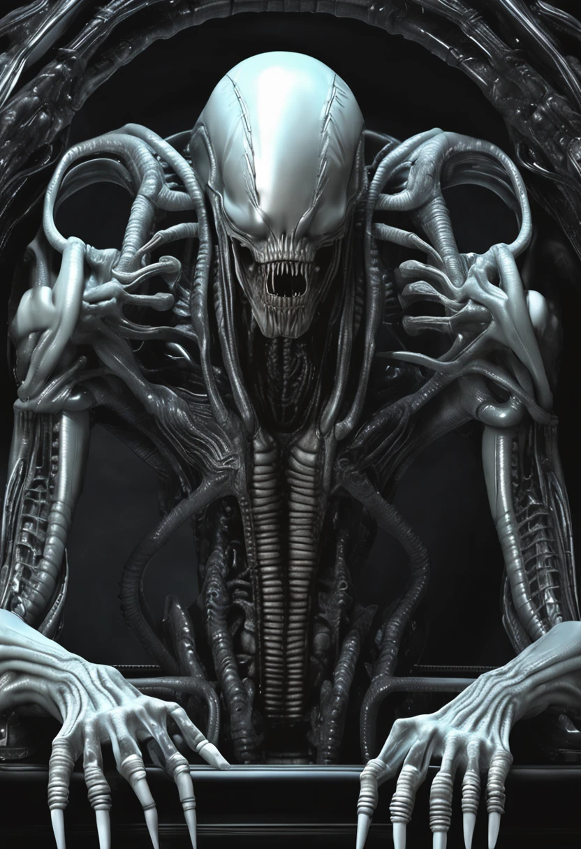 ((best quality)), ((masterpiece)), (detailed), a deformed, elongated humanoid creature, pale, translucent skin, smooth skin texture like a dolphin, no hair, round head, no face, no eyes, smooth face, bright gums like a shark's mouth, portrusions along a ridged back, breathing holes along the chest, a tail that splits into three, long skinny legs, long skinny arms, H R Giger, sci fi horror