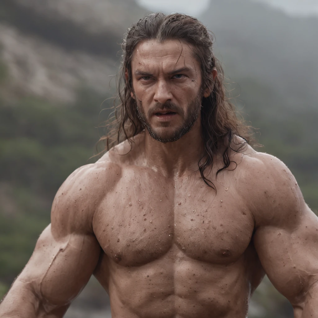 (Professional 3D rendering:1.3) de (Realistic:1.3) Foto de arte mais bonita do mundo,Features soft, bright male heroes, ((conan o Barbaro, Muscular fantasy, rough man, angry wet hero, looking long hair, short beard and fierce expression in dynamic pose, fantastic location, majestoso ambiente desordenado)), Full-body 8k unified rendering, action shot, poros da pele, very dark lighting, sombreamento pesado, circunstanciado, Rosto detalhado, (vibrante, fotogrdeia realista, Realistic, Dramatic, Escuro, foco nítido, 8k), (Old leather clothes damaged by bad weather:1.4), ((((Use peles)))), (intrincado:1.4), decadente, (altamente detalhado:1.4), pintura digital, rendering by octane, art stations, Conceito-Arte, liso, foco nítido, illustration, germe da arte, (Loish:0.23), Wlop Ilya Kuvshinov, e Greg Rutkowski e Alphonse Mucha Gracias, (global ilumination, studiolight, Light Volumetric), chuva forte, floating particles, patife, fantasia, Onze, corpo inteiroesbian, ((Fundo escuro e antigo da cidade:1.3)),CGSesociedade,art stations