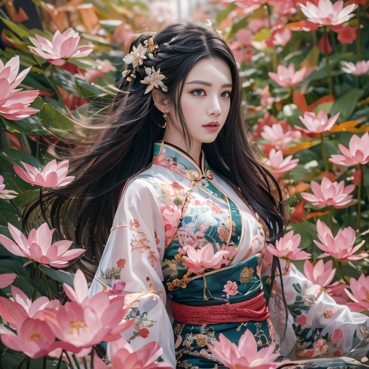 32K(tmasterpiece,k hd,hyper HD,32K)Long flowing black hair,ponds,zydink, a color, Xuzhou people (seductiv), (Silk scarf), Combat posture, looking at the ground, long whitr hair, Floating hair, Carp pattern headdress, Chinese long-sleeved cheongsam, (Abstract gouache splash:1.2), Pink petal background,Pink and white lotus flowers fly(realisticlying:1.4),Black color hair,Fallen leaves flutter,The background is pure, A high resolution, the detail, RAW photogr, Sharp Re, Nikon D850 Film Stock Photo by Jefferies Lee 4 Kodak Portra 400 Camera F1.6 shots, Rich colors, ultra-realistic vivid textures, Dramatic lighting, Unreal Engine Art Station Trend, cinestir 800,Long flowing black hair,see-through transparent clothes