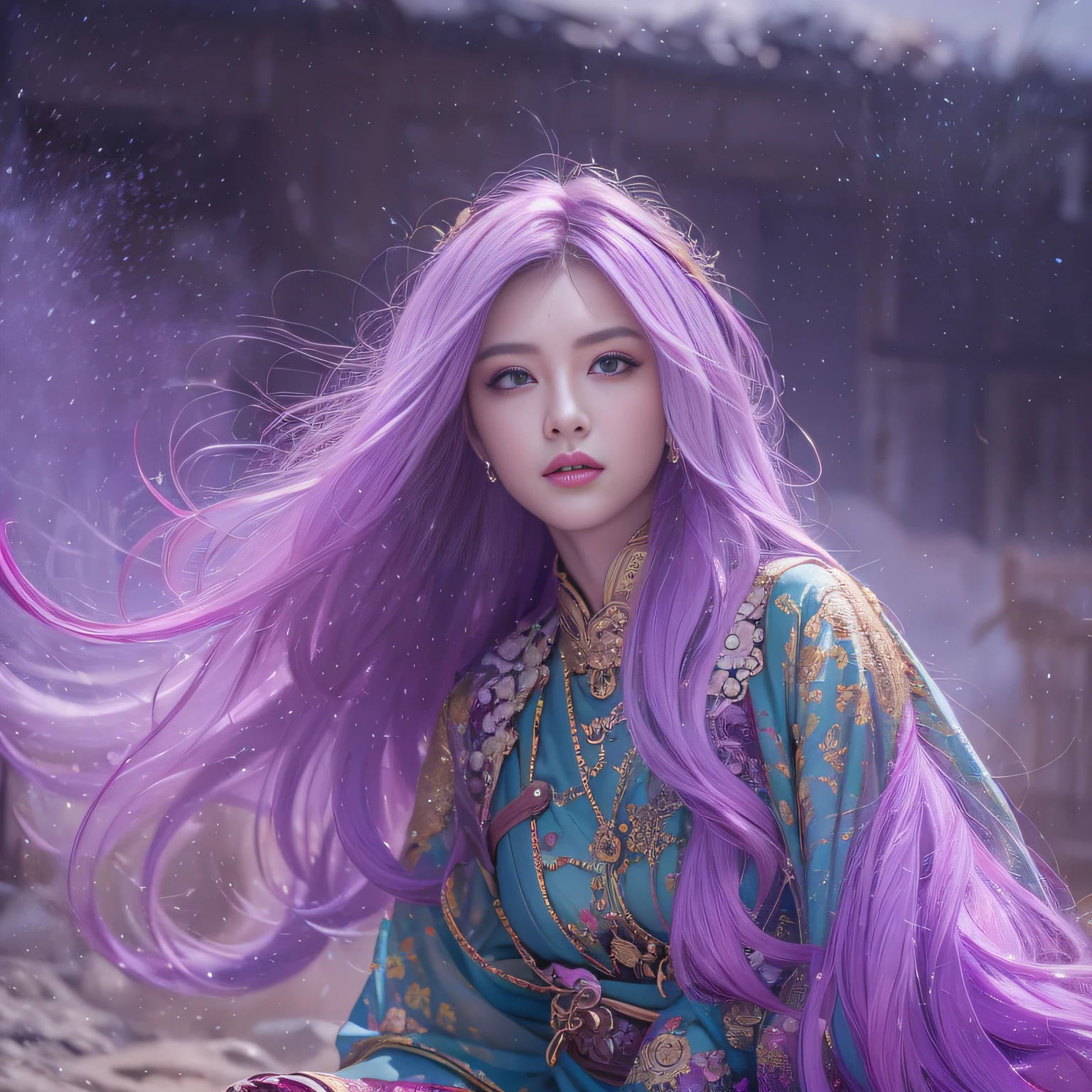 32K(tmasterpiece,k hd,hyper HD,32K)Long flowing lilac hair,Back basement,zydink, a color, Xuzhou people (Silly girl), (Silk scarf), Combat posture, looking at the ground, long whitr hair, Floating lilac, Fire cloud pattern light gold headdress, Chinese long-sleeved gold silk garment, (abstract ink splash:1.2), smoky background,Lotus protector(realisticlying:1.4),lilac purple hair,Fog on the road,smoke in the background, A high resolution, the detail, RAW photogr, Sharp Re, Nikon D850 Film Stock Photo by Jefferies Lee 4 Kodak Portra 400 Camera F1.6 shots, Rich colors, ultra-realistic vivid textures, Dramatic lighting, Unreal Engine Art Station Trend, cinestir 800,Long flowing lilac hair,Light transparent clothes