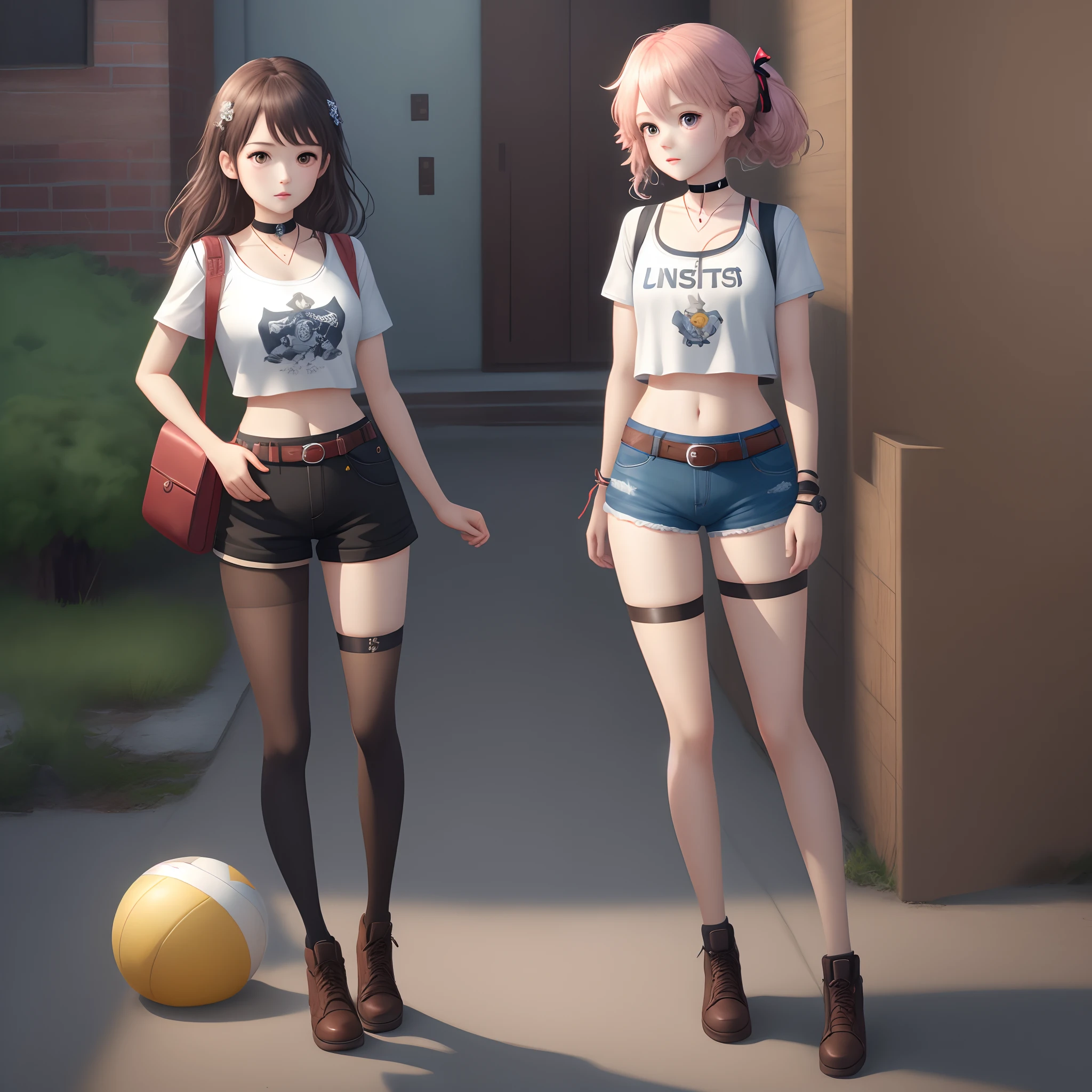 ,twins, Masterpiece,Best quality,offcial art,Extremely detailed Cg Unity 8K wallpaper, 2girls, cute female child, Yuri, hair adornments, Short shorts, Crop top, Pantyhose, ribbon_choker necklace, leg belt,