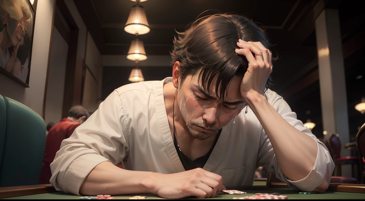 (Digital Painting)、(top-quality)、Man crying at a casino table、baccarat、One man is crying、Man breaks down crying in front of Trump、A man is crying、Japan person breaks down crying、One brown-skinned beauty、FX、exchange、Ukiyo-e Art Style、Hokusai's inspiration、Popular deviant art、8K Ultra Real、Pastel Color Schemes、Soft lighting、hopelessness