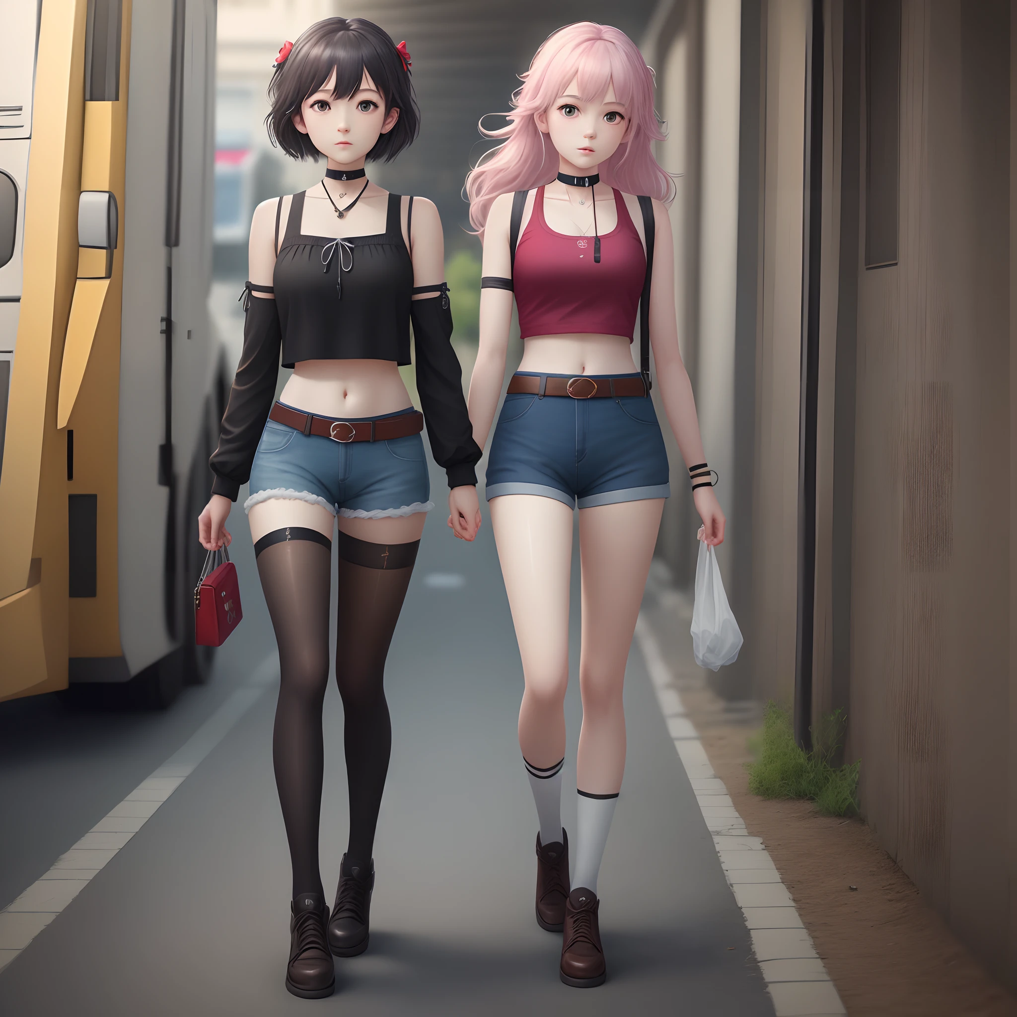 ,twins, Masterpiece,Best quality,offcial art,Extremely detailed Cg Unity 8K wallpaper, 2girls, cute female , Yuri, hair adornments, Short shorts, Crop top, Pantyhose, ribbon_choker necklace, leg belt,