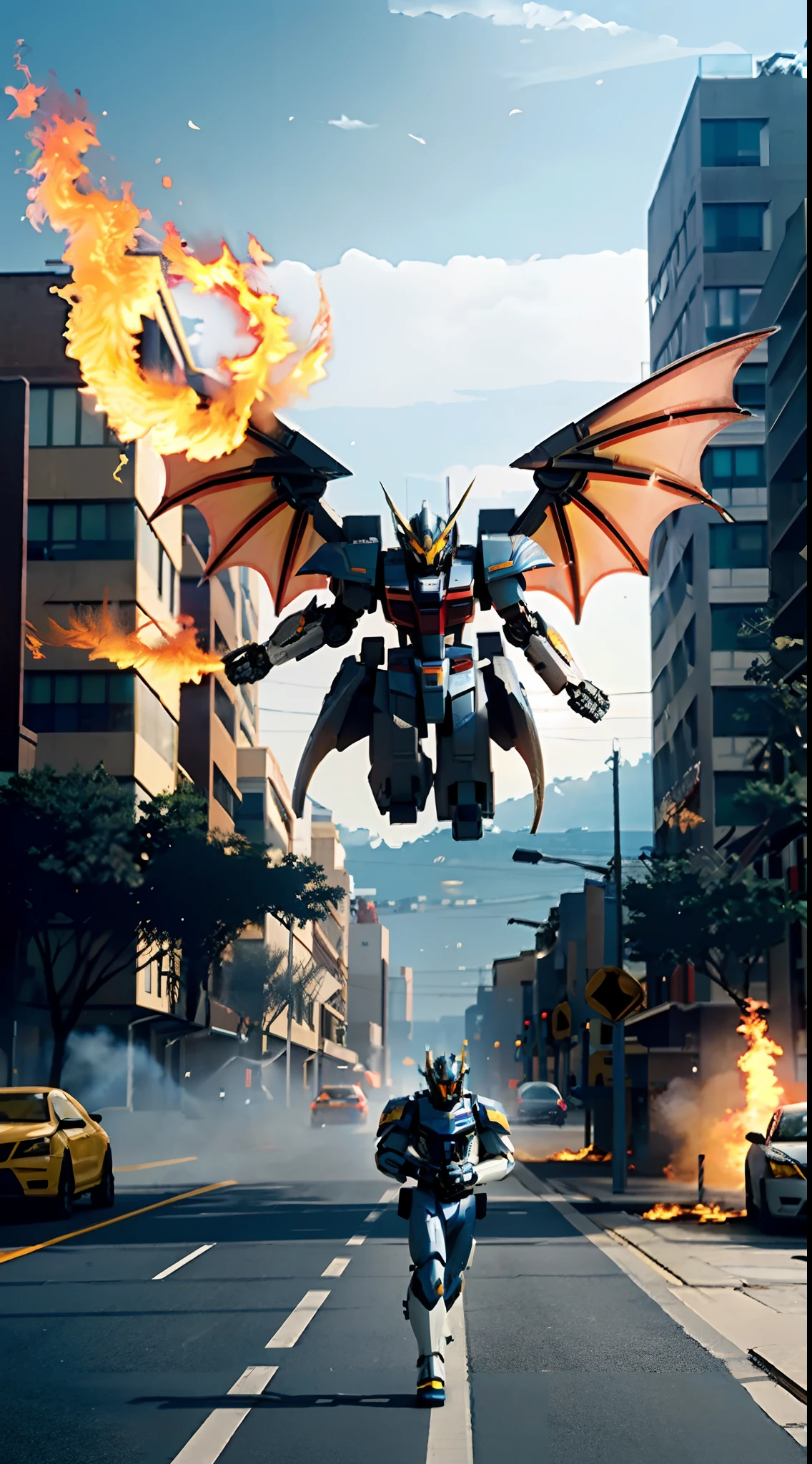 surrealism, Ray tracing, hyper HD, High details, 8K, Best quality, Textured skin,Gundam Mech,Dragon wings,tmasterpiece,best qualtiy,mechs,A ager levitates in the air,(full bodyesbian),(Black Mech:1.5),(轴对称:1.4),(hdr),(cinematric light:1.1),White eyes,Cool,scientific fiction,firey,Don Dao,karo,conflict,Background of the city destroyed by the Tang knife,(Armed with a huge weapon:1.5),Mecha male,