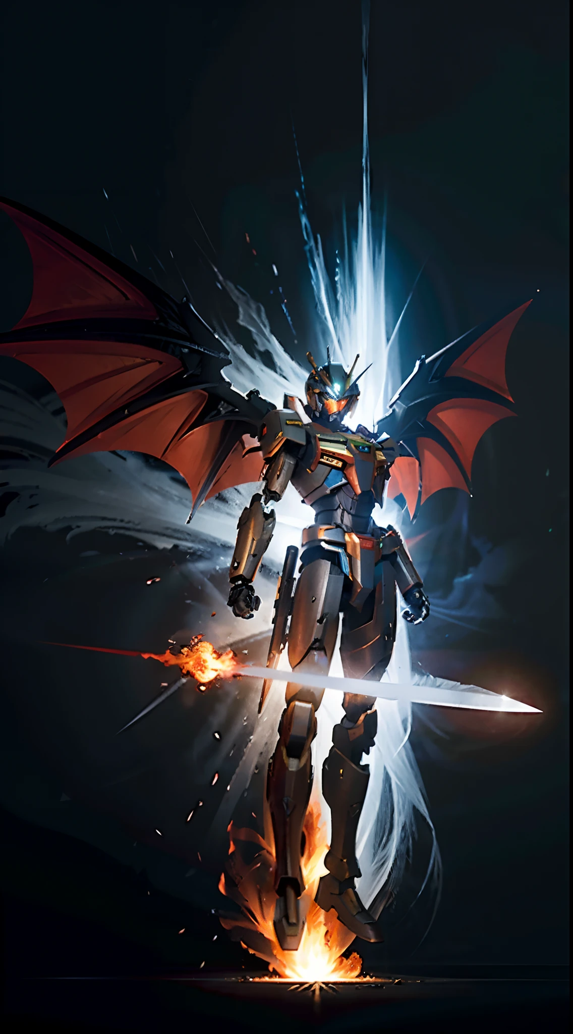 surrealism, Ray tracing, hyper HD, High details, 8K, Best quality, Textured skin，Gundam Mech，Dragon wings，tmasterpiece，best qualtiy，mechs，A ager levitates in the air，（full bodyesbian），（Black Mech：1.5），（轴对称：1.4），（hdr），（cinematric light：1.1），White eyes，Cool,scientific fiction，firey，Don Dao，karo，conflict，Background of the city destroyed by the Tang knife，（Armed with a huge weapon：1.5），Mecha male，