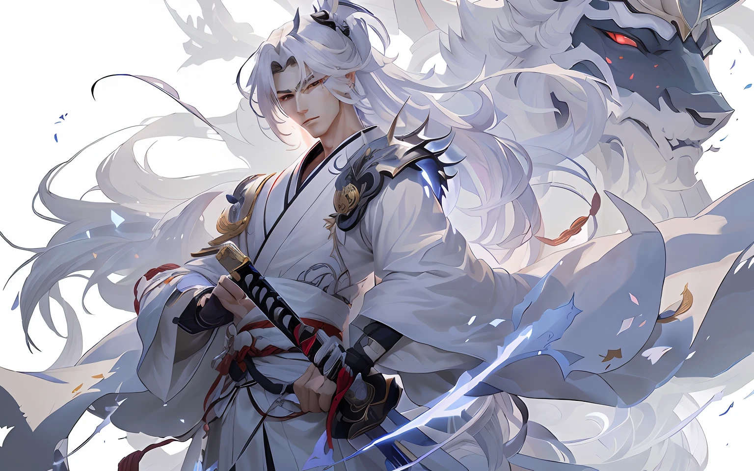 Anime - a stylized image of a man with a sword and a demon, From the night of the ark, Onmyoji detailed art, Keqing from Genshin Impact, onmyoji, arknight, Genshin impact's character, zhongli from genshin impact, flowing white robe, Genshin, by Yang J, onmyoji portrait, Genshin Impact, Genshin Impact style