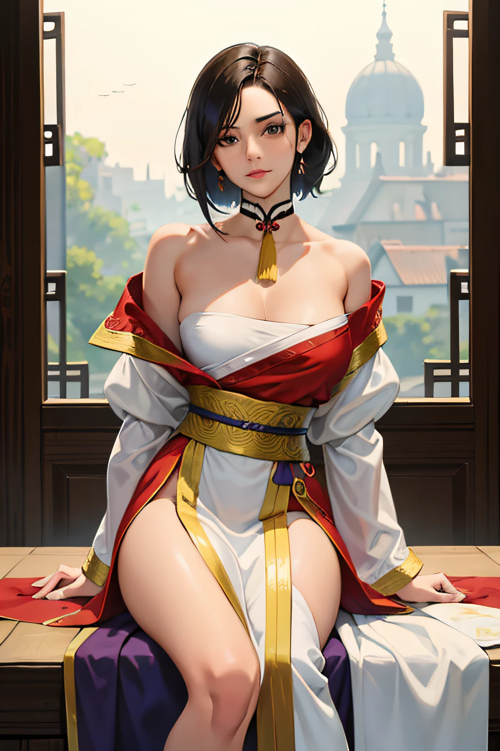 obra prima,qualidade superior,Highest rating,(UM MILF_Females:1),(nudez:1.3), (35 anos:1.3),short shoulder-length hair, cabelos negros,middlebreasts,usando vestido longo vermelho sedutor wuxia,voluptuosa,sensual,arrogante,On his neck wrapped an animal skin around him,muito bonita