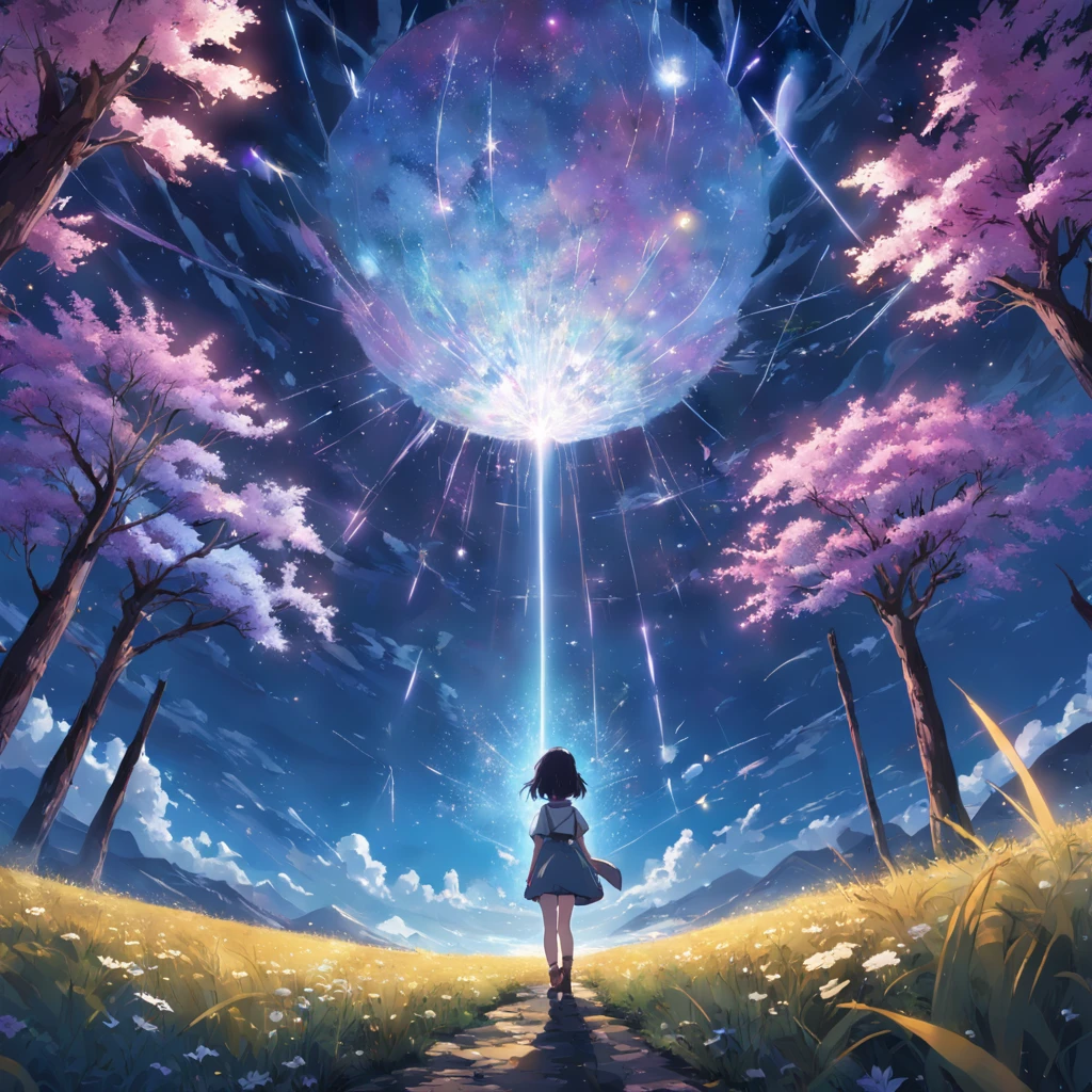 Makoto Shinkai, Expansive landscape photograph , (View from below,Displays the sky above and the clearing below), a girl standing on flower field looking up, (full moon:1.2), ( meteors:0.9), (Starcloud:1.3), Far Mountain, Tree BREAK Production Art, (Warm light source:1.2), (Firefly:1.2), lamp lights, Lots of purple and blue, Intricate details, Volumetric lighting BREAK (Masterpiece:1.2), (Best quality), 4K, Ultra-detailed, (Dynamic composition:1.4), Highly detailed, Colorful details,( Iridescent colors:1.2), (luminouslighting, Atmospheric lighting), Dreamy, magical, (Solo:1.2)