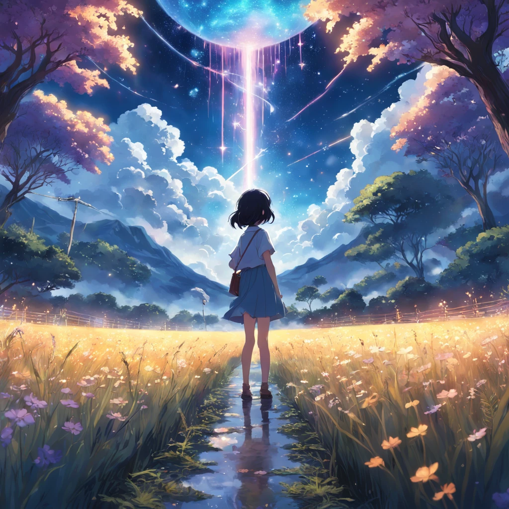 Makoto Shinkai, Expansive landscape photograph , (View from below,Displays the sky above and the clearing below), a girl standing on flower field looking up, (full moon:1.2), ( meteors:0.9), (Starcloud:1.3), Far Mountain, Tree BREAK Production Art, (Warm light source:1.2), (Firefly:1.2), lamp lights, Lots of purple and blue, Intricate details, Volumetric lighting BREAK (Masterpiece:1.2), (Best quality), 4K, Ultra-detailed, (Dynamic composition:1.4), Highly detailed, Colorful details,( Iridescent colors:1.2), (luminouslighting, Atmospheric lighting), Dreamy, magical, (Solo:1.2)