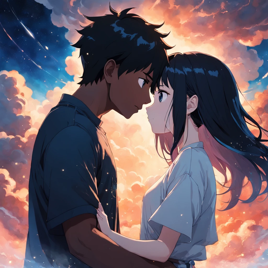 "Capture a masterpiece with the best quality, resembling a movie still of a couple. The couple comprises a black boy and a white girl with black hair, they are looking at each, , depicted as a cloud-like entity floating in the sky. The shot should be a close-up with bright, happy expressions illuminated by warm soft lighting. The backdrop should feature a captivating sunset. Add sparks to enhance the magical atmosphere (weight: 0.7)., they sky is full of stars and its magical
