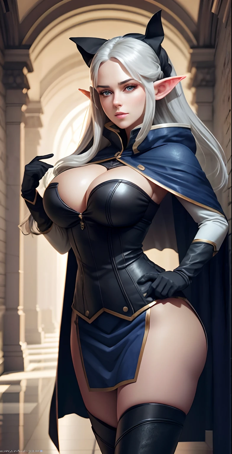 full body portrait of beautiful 1girl, solo, elf ((milf)), (very long) silver hair, tied in a knot, dark blue uniform, black knee-high simple riding leather boots, leggings, Anime style photo, Manga style, Digital art, glow effects, Hand drawn, render, 8k, octane render, cinema 4d, blender, dark, atmospheric 4k ultra detailed, cinematic sensual, Sharp focus, hyperrealistic, big depth of field, Masterpiece, colors, 3d octane render, 4k, concept art, trending on artstation, hyperrealistic, Vivid colors, huge breasts, palace corridor, black gloves:1.2, double-breasted, (looking at viewer), (seductive:1),(smile:0.4)(evil:0.9), (smirk:0.6)(from below:0.7), long coat, cape, uniform, (narrow eyes:0.2)