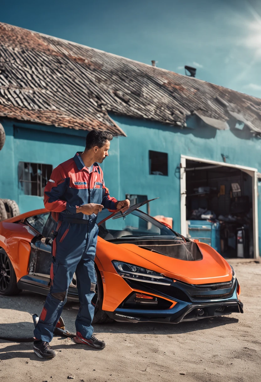 Homem reparando um carro esportivo, Mechanicalgirl, uniforme azul, oficina ampla.