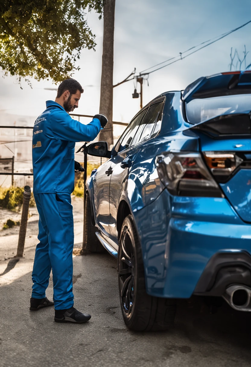 Homem reparando um carro esportivo, Mechanicalgirl, uniforme azul, oficina ampla.