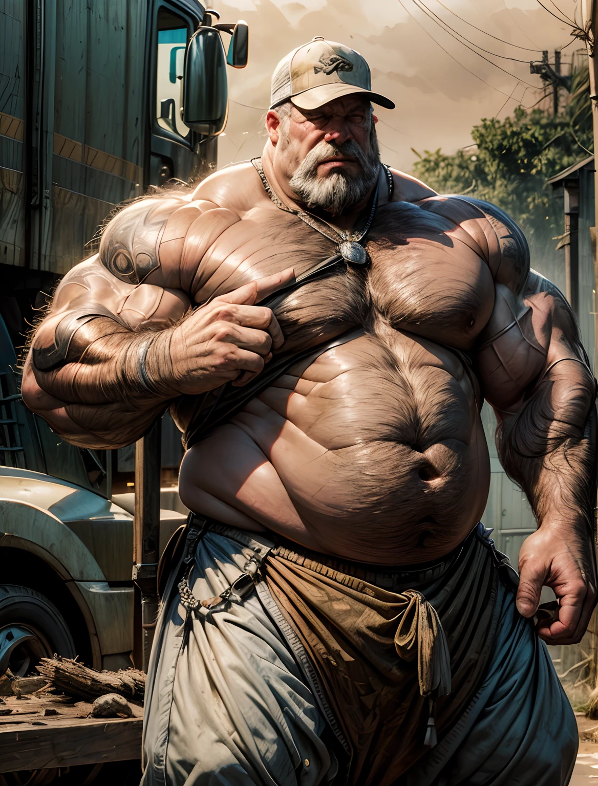 A portrait full body photograph A tractive mid age heavy trucker-driver, balg Strong, muscular, navel, wearing a very small trunk showing pubis, epic realistic, photo, faded, neutral colors, ((((hdr)))), ((((muted colors)))), intricate scene, artstation, intricate details, vignette