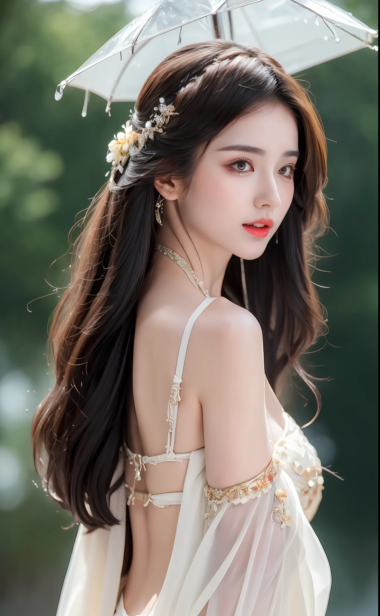 ((Best Quality, 8k, Masterpiece: 1.3)), Focus: 1.2, Perfect Body Beauty: 1.4, Buttocks: 1.2, ((Layered Haircut)), (Wet Clothes: 1.1), (Rain, Street:1.3), (Breasts: 1.2), (Hanfu: 1.2), Bare Shoulders, Bare Legs, Highly Detailed Face and Skin Texture, Fine Eyes, Double Eyelids, Whitened Skin, Long Hair, (Shut Up: 1.5), (Bokeh Background: 1.5), Big Breasts