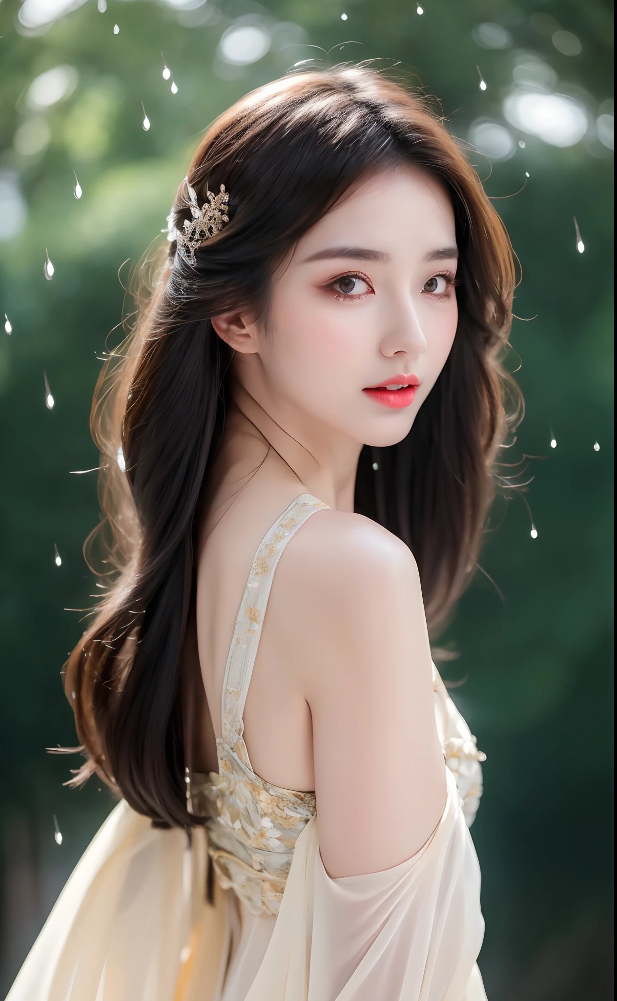 ((Best Quality, 8k, Masterpiece: 1.3)), Focus: 1.2, Perfect Body Beauty: 1.4, Buttocks: 1.2, ((Layered Haircut)), (Wet Clothes: 1.1), (Rain, Street:1.3), (Breasts: 1.2), (Hanfu: 1.2), Bare Shoulders, Bare Legs, Highly Detailed Face and Skin Texture, Fine Eyes, Double Eyelids, Whitened Skin, Long Hair, (Shut Up: 1.5), (Bokeh Background: 1.5), Big Breasts