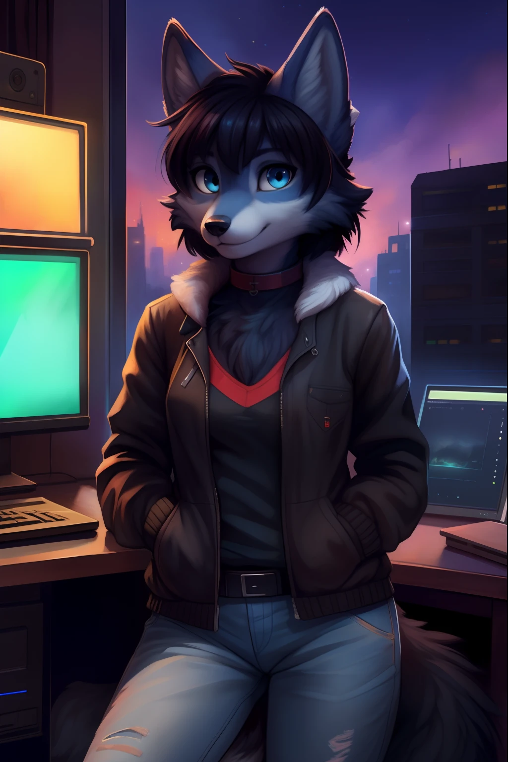 by Kenket, by totesfleisch8, (by thebigslick, author：Silver Fox 5213:0.8), (By Syuro:0.2), (by Qupostuv35:1.2), (hi，It's nothing), ((Masterpiece)), ((Best quality)), illustration, Furry, ((Blue-white wolf)), Animal ears, bodyfur, 1girll, Solo, White as spring hair, view the viewer, Smile, Female, ((Wolf Girl)), Young person, The room and the city, (((Night, rgb lights, Warm colors, lofi))), ((Room with computer)), screen light, Toned body, choker necklace, relaxed poses, Jacket and jeans, Tomboy clothes, feminine outfit, Loepfe 8 bit, Furry anthropomorphic wolf, Furry wolf nose, ((Blue-white fur:1.5)),Furry anime,Furry core