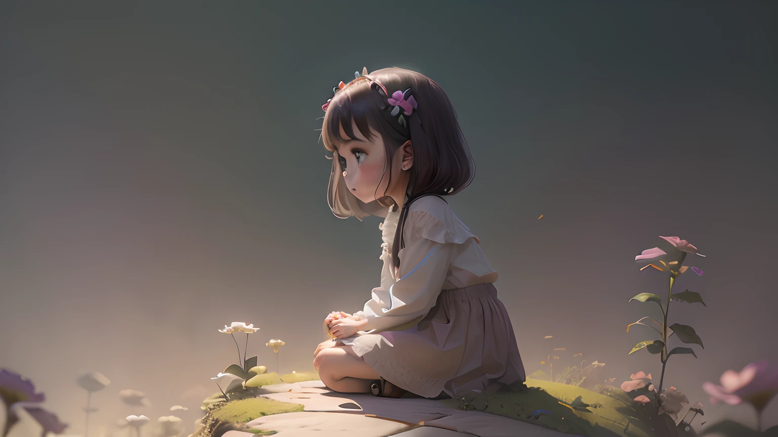 A cute little girl with flowers on head is sitting among flowers of various kinds, looking down to the ground
