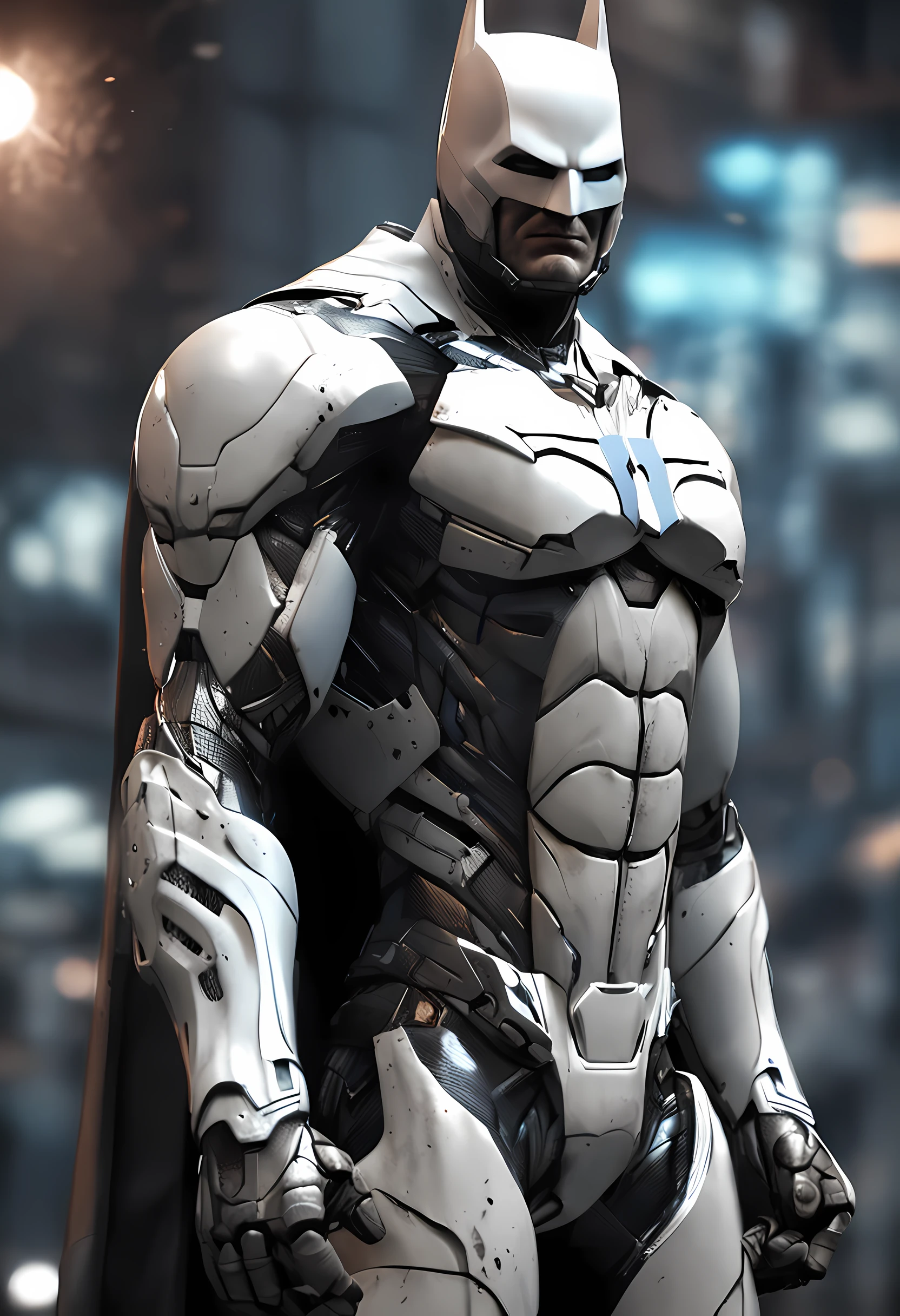 A realistic white batman in a titanium cybernetic suit, detalhado, designe perfeito, alta qualidade arestas perfeitas e simetricas ::n_desenho de estilo, Low-quality imperfection, boneco, game, anime