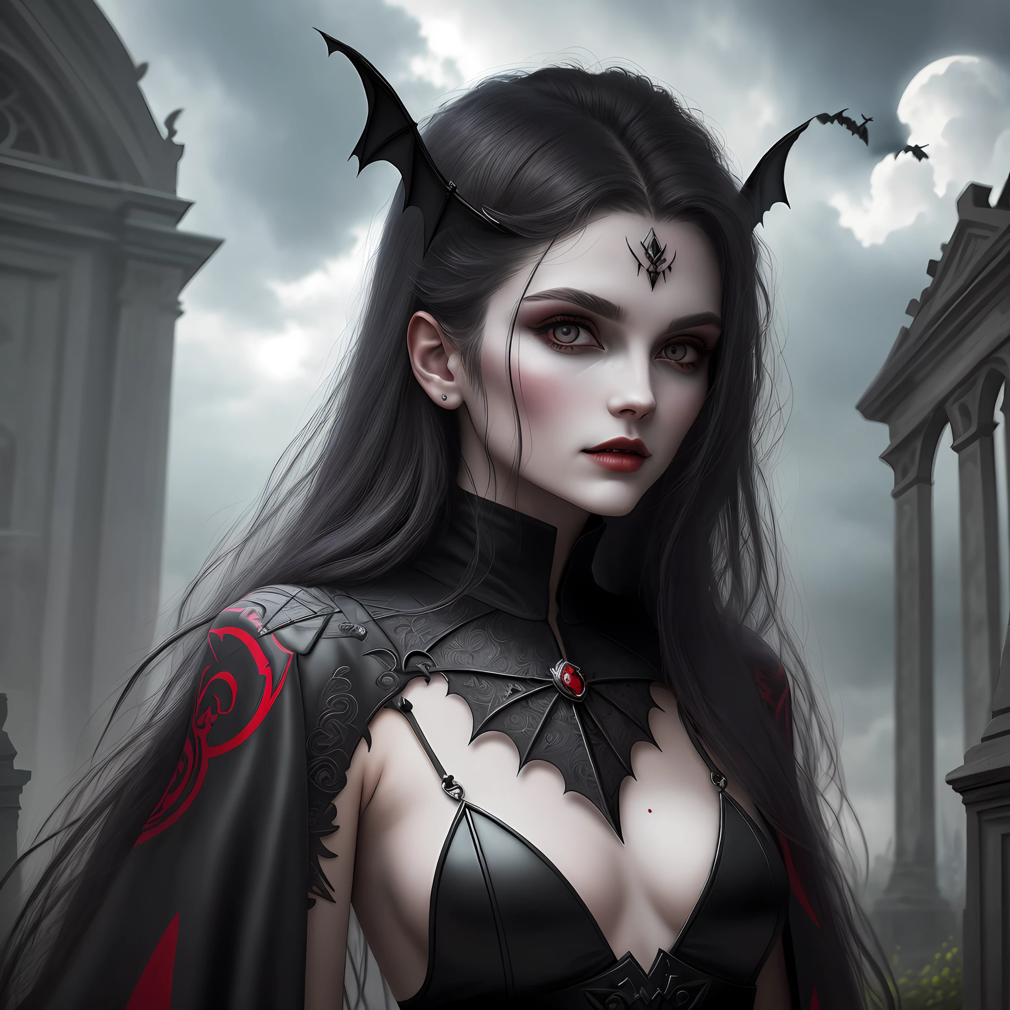 Close-up of two vampires,Stay in a magnificent cemetery,(Cemetery female vampire facing the audience:1.2),(Male vampires inside the cemetery face the audience:1.2),(There are flying bats in the sky:1.2),(Old European castle architectural style),(Moonlight shines through the clouds),(The picture presents a mysterious and obscure gray tone),(tmasterpiece),(Best picture quality),(Very detailed and uniform picture),(8k wallpaper),(Tyndall effect),(light and shadow effect),(Obvious layering),(Unreal 5),The creation is inspired by movies《Vampire Dracula》,Tattooed with,red color eyes,goth style,Psychedelic surrealist art,Surrealist psychedelic design,dream art style,Illusion psychedelic art,Quality quantity, Skin texture, Intricate details, (Cinematic lighting), RAW photo, 8K,