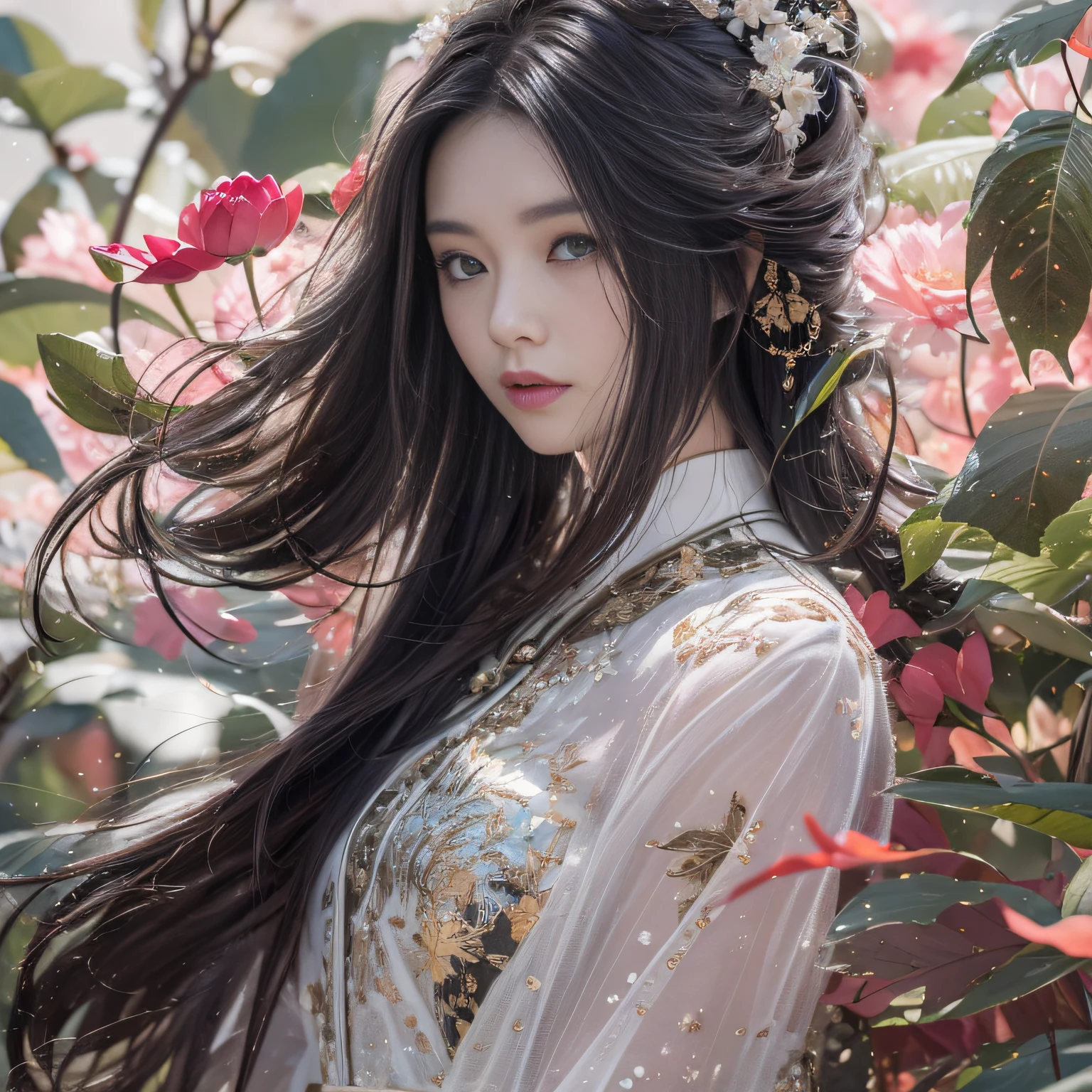 32K(tmasterpiece,k hd,hyper HD,32K)Long flowing black hair,ponds,zydink, a color, Xuzhou people (Slightly drunk girls), (Silk scarf), Combat posture, looking at the ground, long whitr hair, Floating hair, Carp pattern headdress, Chinese long-sleeved clothing, (Abstract gouache splash:1.2), Pink petal background,Pink and white lotus flowers fly(realisticlying:1.4),Black color hair,Fallen leaves flutter,The background is pure, A high resolution, the detail, RAW photogr, Sharp Re, Nikon D850 Film Stock Photo by Jefferies Lee 4 Kodak Portra 400 Camera F1.6 shots, Rich colors, ultra-realistic vivid textures, Dramatic lighting, Unreal Engine Art Station Trend, cinestir 800,Long flowing black hair,see-through transparent clothes